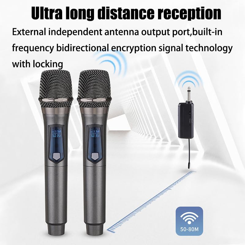 Professional Dual UHF Wireless Microphone System - Rechargeable Handheld Dynamic Mics for Karaoke, Wedding, DJ, Party, Speech & Church - 200ft Range with PA System (Gray) - Perfect for Live Performances, Events & Classroom Use