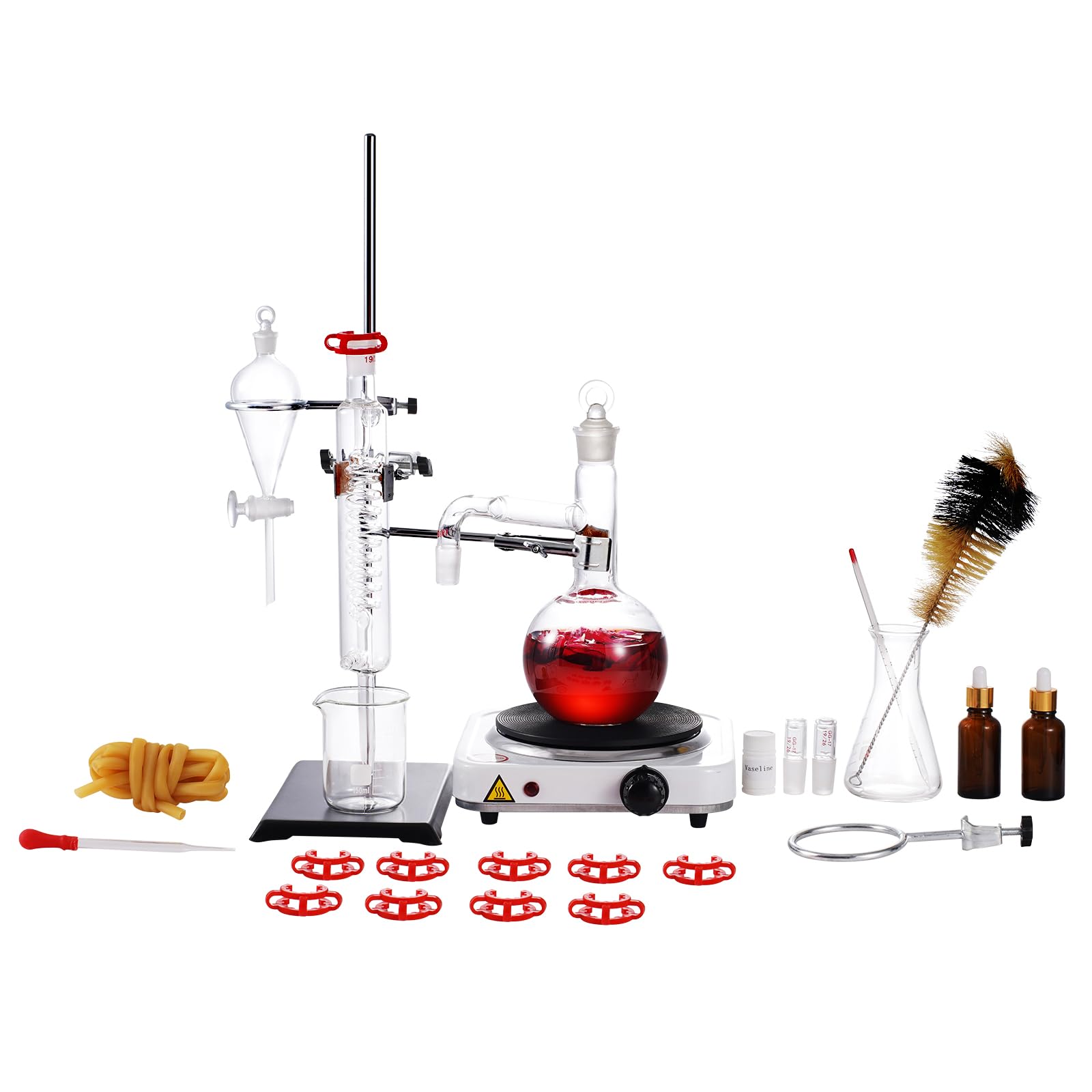 VEVOR 500ml Essential Oil Distillation Kit - 3.3 Boro Lab Glassware Set with 1000W Heating Plate & 24/40 Joint (33pcs) for Aromatherapy, Herbal Extracts & DIY Essential Oils at Home