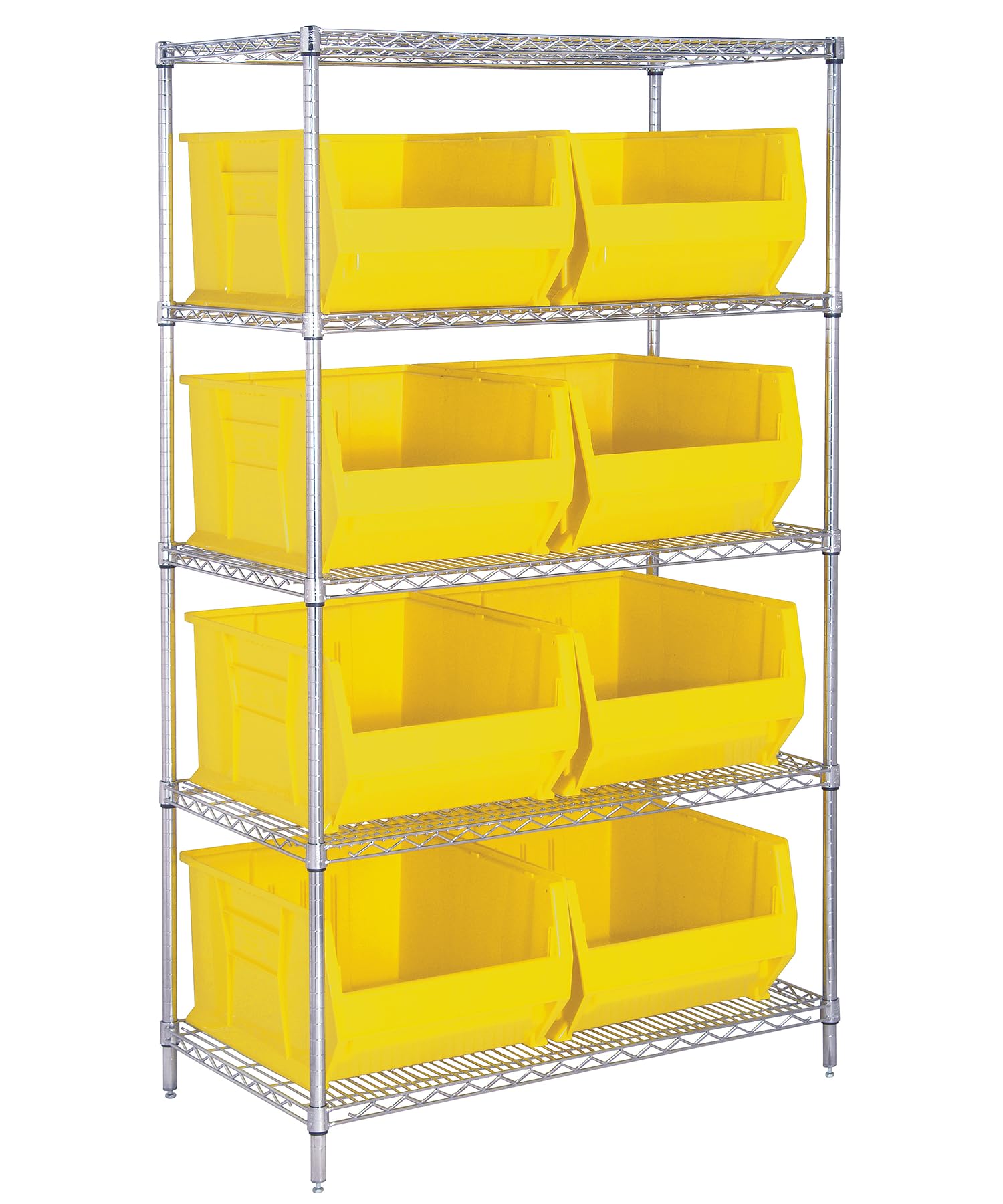 Quantum Storage Systems WR5-975YL 5-Tier Heavy Duty Wire Shelving Unit with 8 Yellow Hulk Bins - Chrome Finish, 30
