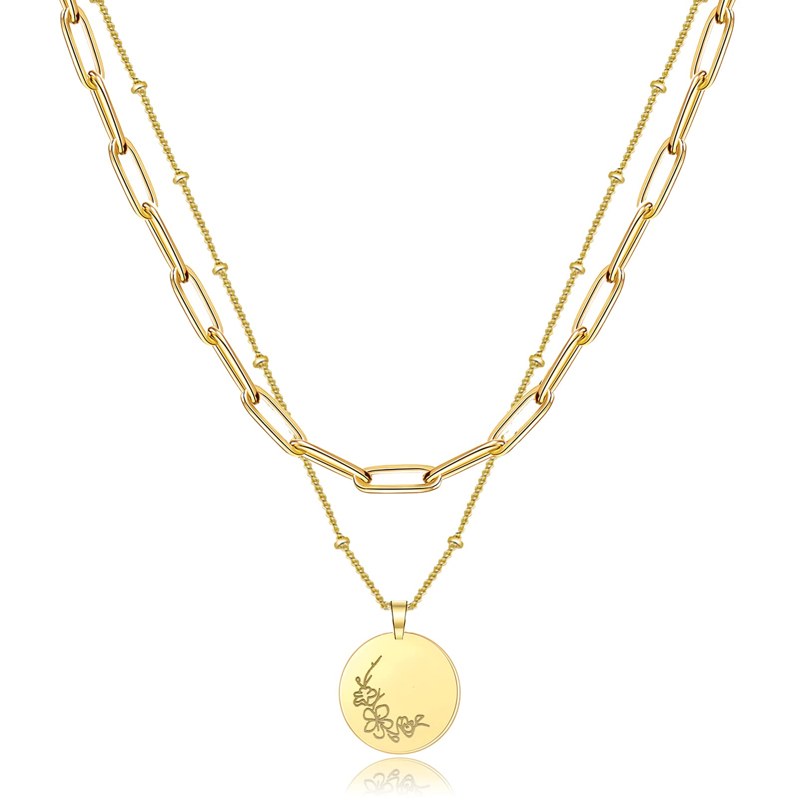 Birth Month Flower Necklace - Gold Layered Paperclip Link Chain with Daffodil Charm | Women's Floral Jewelry Birthday Gift for Her | Perfect for Mother's Day, Anniversary & Special Occasions