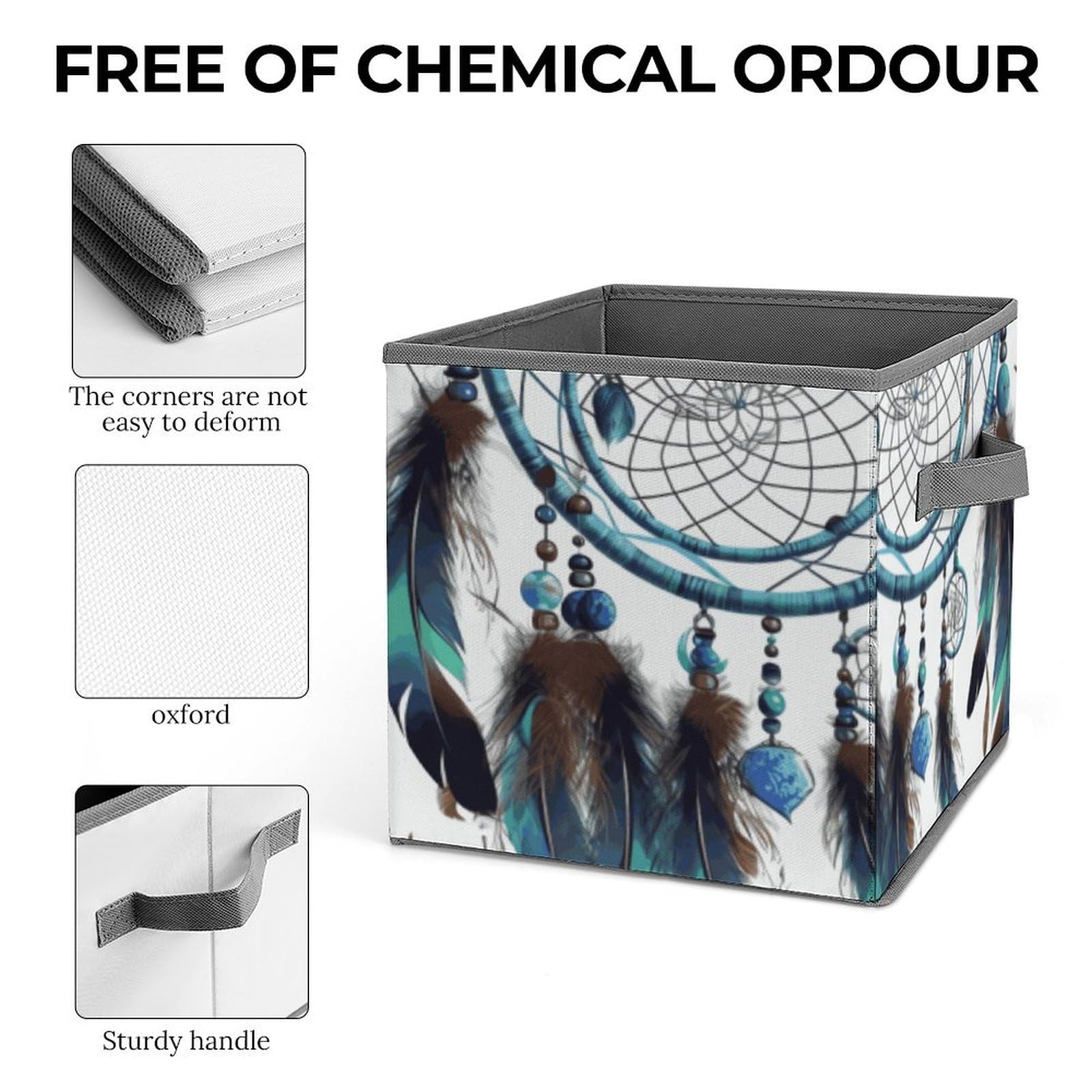 Large Collapsible Storage Bins with Handles - 10.6x10.6x10.6 Inch Dream Catcher Design Closet Organizers for Home & Office - Perfect for Toys, Blankets, Books & Seasonal Decor Organization