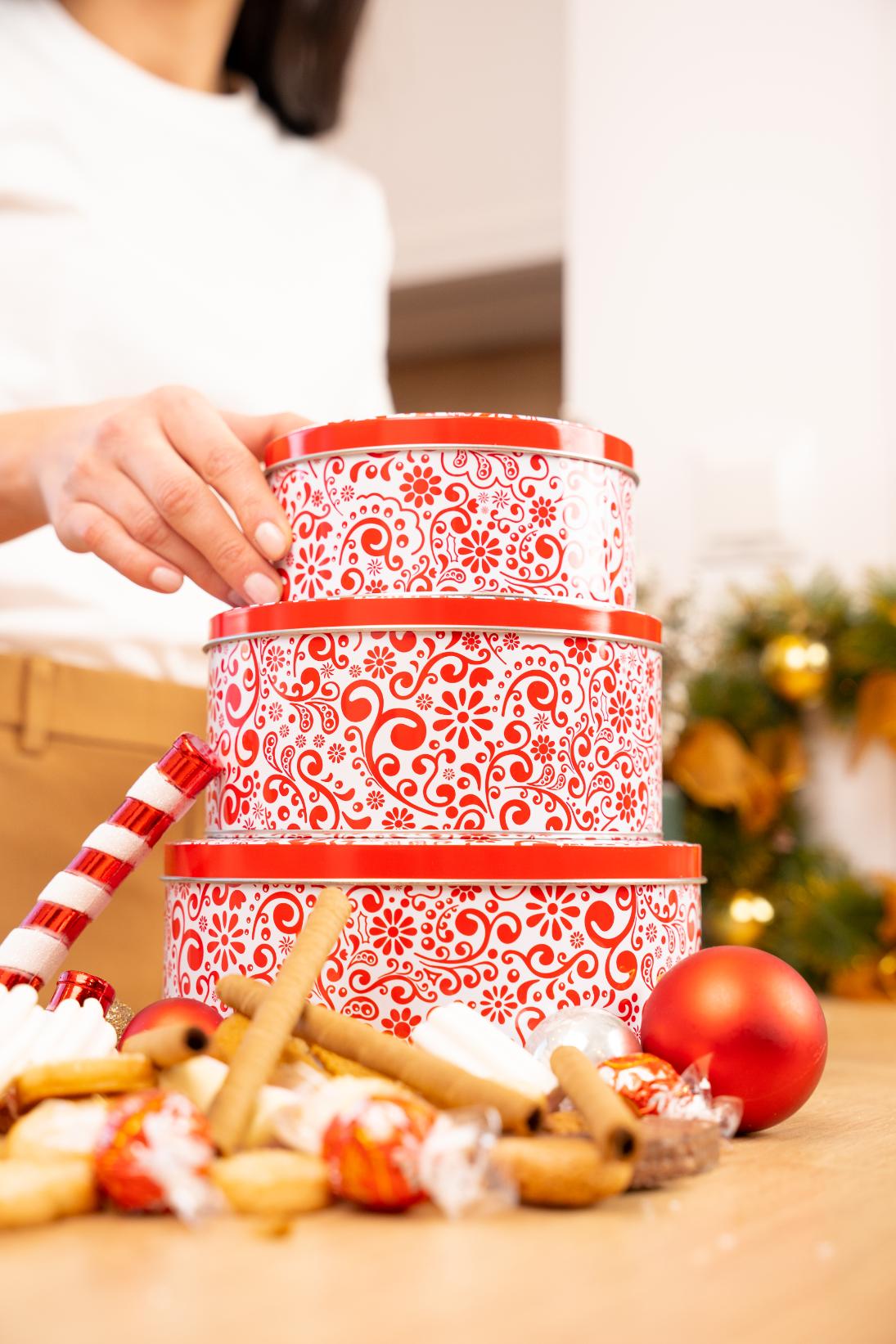 Smart Cookies Gift Set - 3 Premium Cookie Tins with Red Swirl Design | Perfect for Holiday Gifting, Corporate Events & Birthday Presents