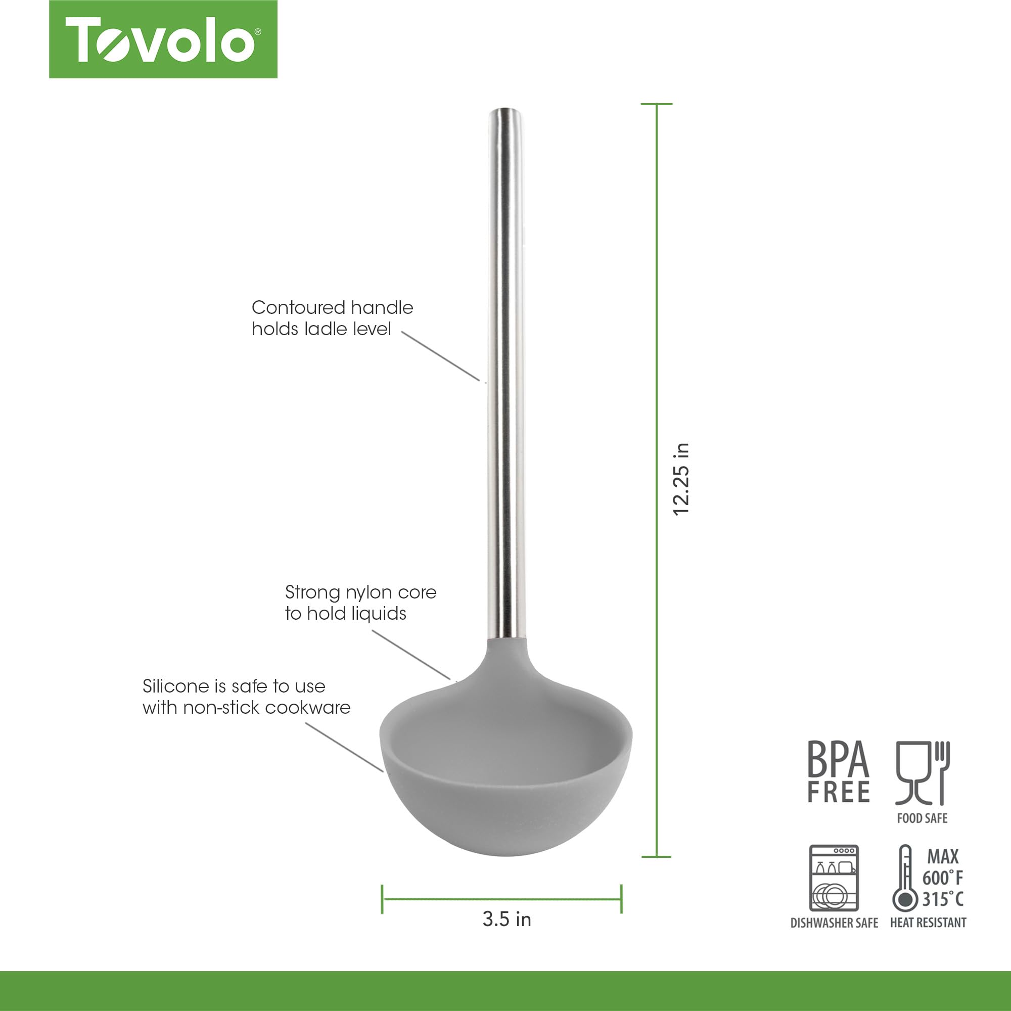 Tovolo Silicone Ladle with Stainless Steel Handle & Reinforced Nylon Core - Deep Kitchen Spoon for Soup, Stew, Sauce, Punch - Heat-Resistant & Durable Cooking Utensil (Oyster Gray) - Perfect for Serving, Mixing & Food Preparation