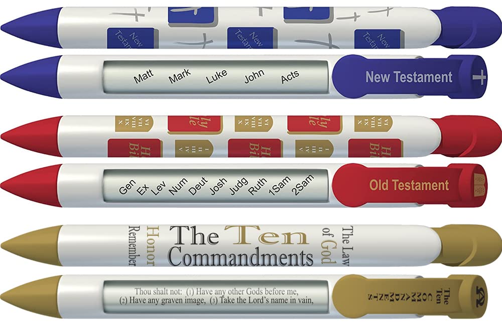 Bible Scripture Pens Set - 10 Commandments & Books of the Bible Rotating Message 6-Pack (36070) - Perfect for Christian Gifts, Bible Study & Church Events