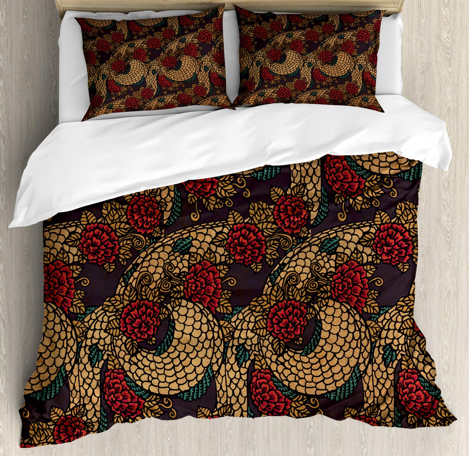 Ambesonne Traditional Chinese Dragon and Roses Duvet Cover Set - 2 Pack King Size, Jade Green - Eastern Asian Inspired Bedding with 2 Duvet Covers & 4 Pillowcases - Perfect for Home Decor, Bedroom Makeover, and Cultural Theme Rooms