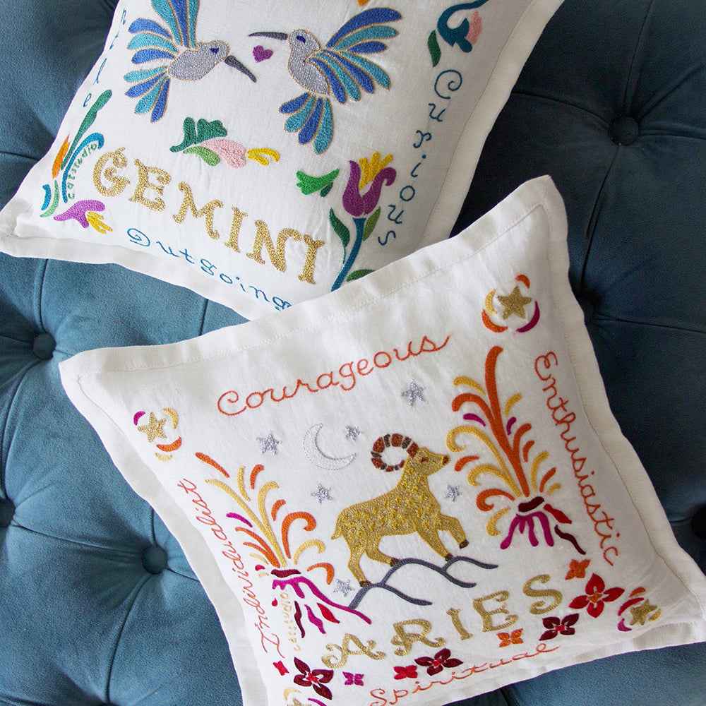 Aries Zodiac Sign Hand Embroidered Decorative Pillow by Cat Studio - Perfect for Home Decor, Astrology Gifts & Bedroom Accents