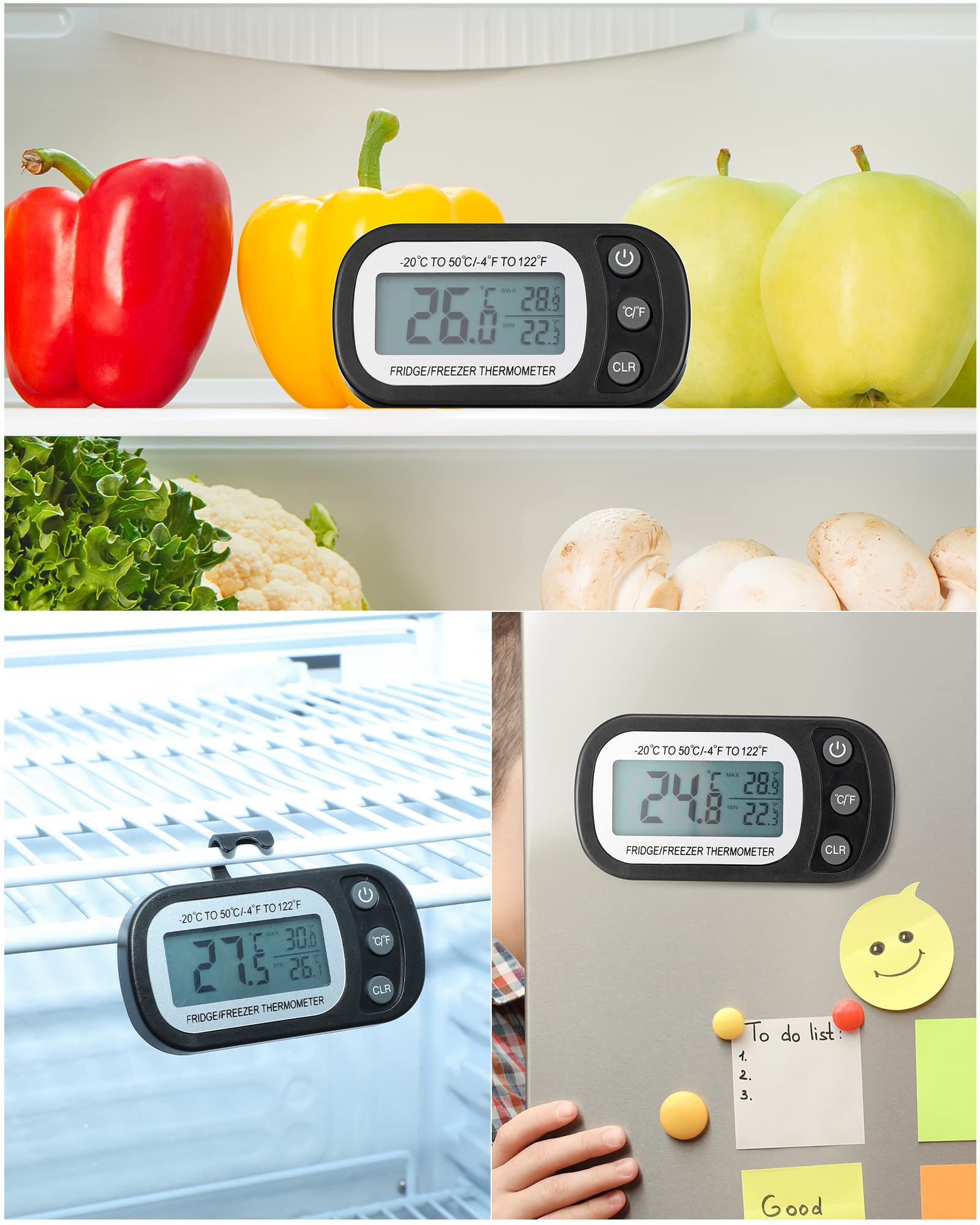 Frienda 12 Pack Digital Fridge Thermometer - Waterproof Refrigerator & Freezer Thermometer with Max/Min Record Function, LCD Screen, Hook & Magnetic Back - Ideal for Home Kitchen, Grocery Stores & Food Safety Monitoring (Black)