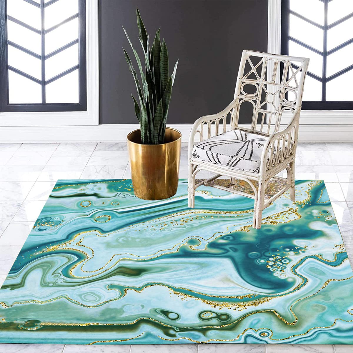 Teal Gold Marble Pattern Square Area Rug - 5x5 Washable Soft Thick Modern Abstract Carpet for Living Room, Bedroom, Home Office - Perfect Under Dining Table, Coffee Table or as Floor Runner - Indoor Floor Cover Mat for Guest Rooms & Cozy Spaces