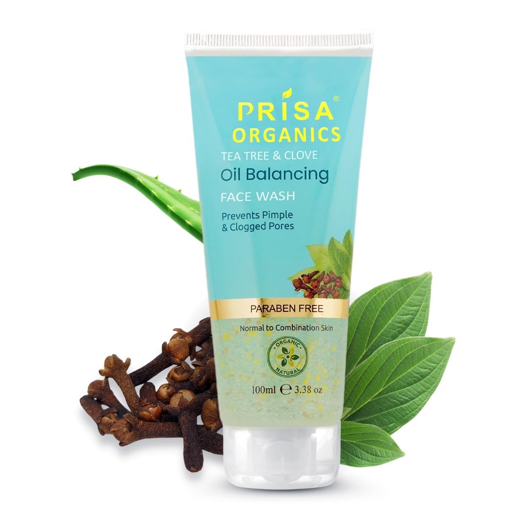 Prisa Organics Tea Tree & Clove Oil Balancing Face Wash for Oily & Sensitive Skin - 100ml | Anti-Bacterial Acne Treatment | Reduces Excess Oil & Prevents Breakouts | Gentle Daily Cleanser for Men & Women | Perfect for Morning & Night Skincare Routine