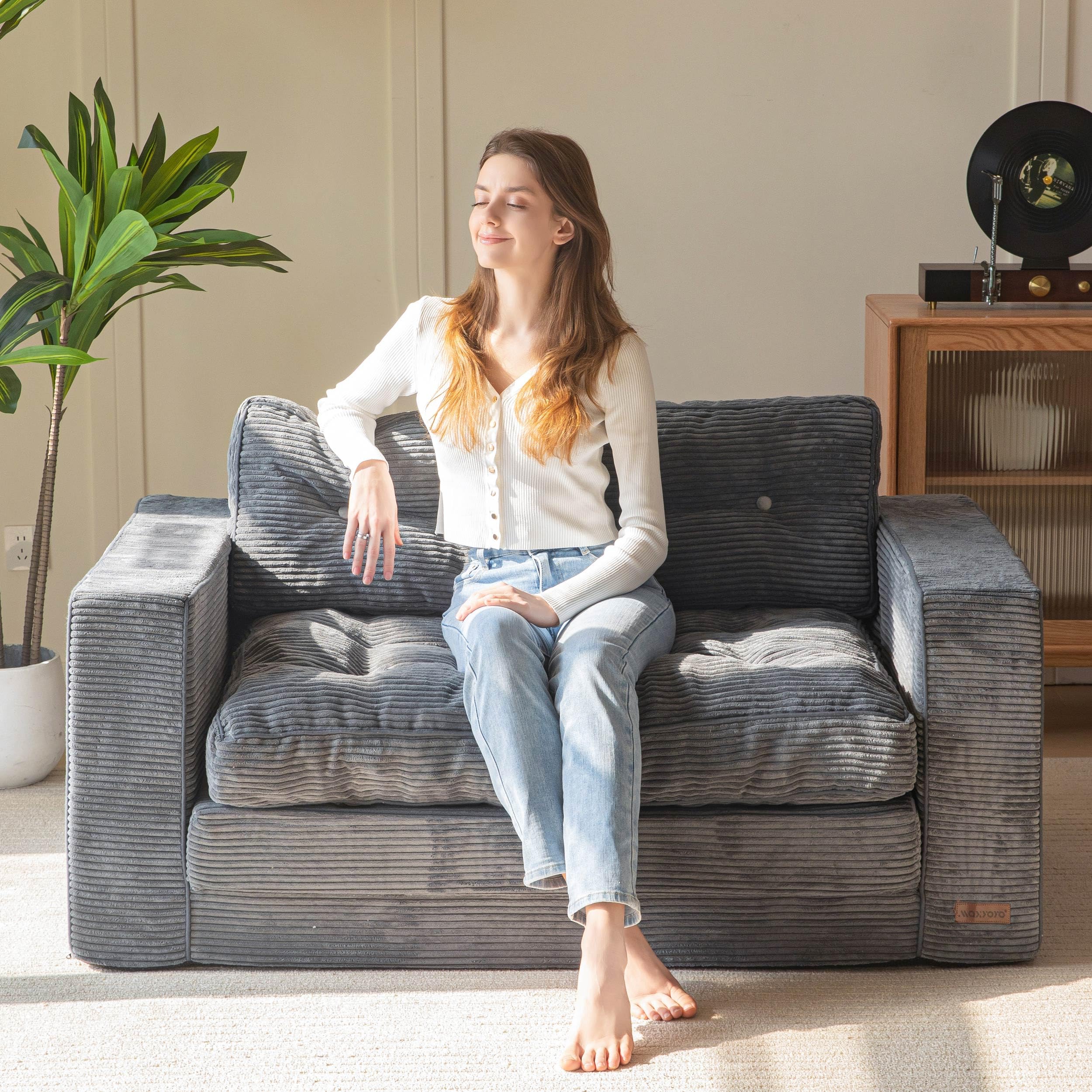 MAXYOYO Convertible Sofa Bed - Corduroy Floor Couch for Small Spaces | Dark Grey Convertible Sleeper Sofa | Perfect for Guest Room, Studio Apartments & Dorm Living