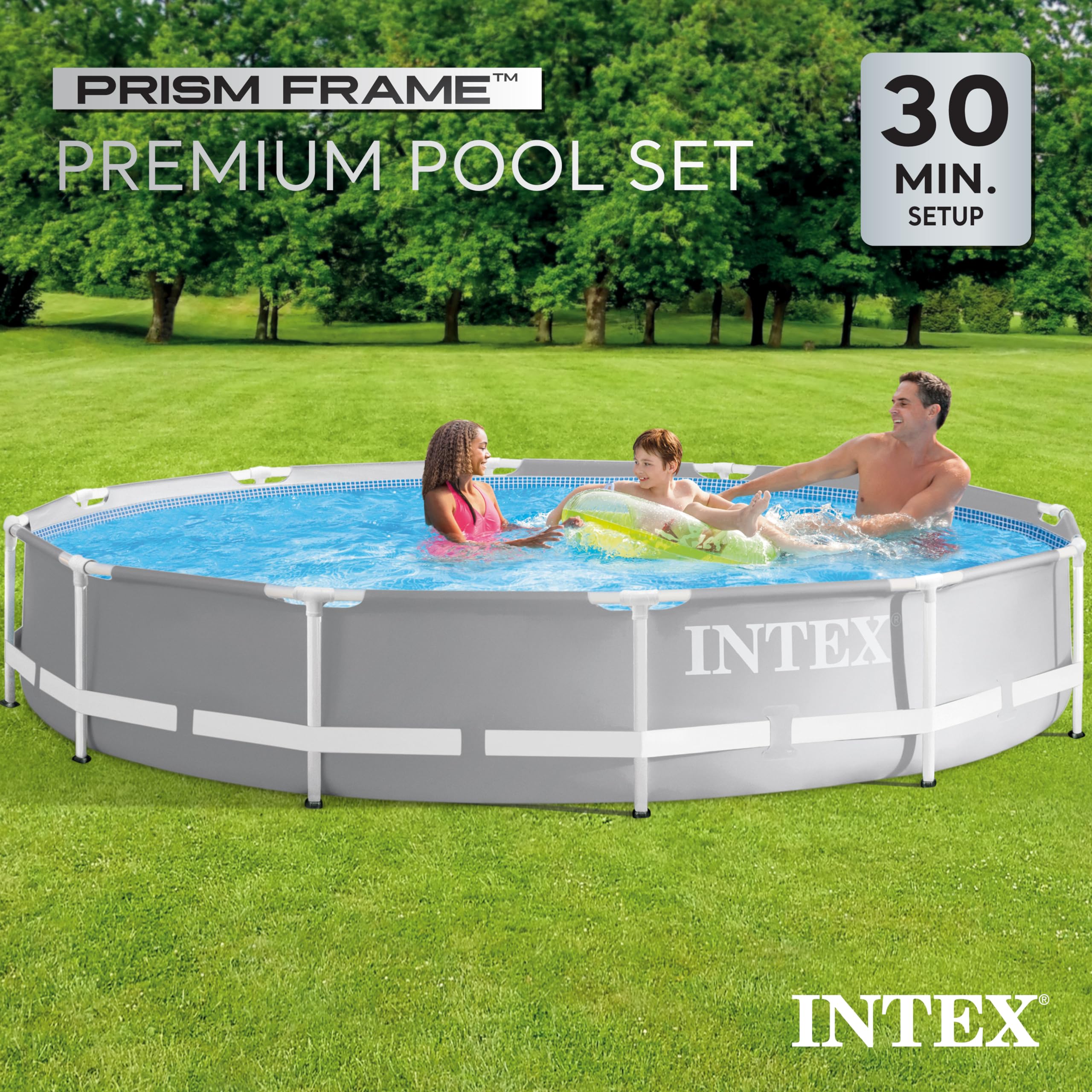 Intex Prism Frame 12ft x 30in Round Above Ground Swimming Pool Set with 530GPH Filter Pump & Steel Ladder - Durable Outdoor Backyard Pool for Family Fun, Summer Parties, and Kids Water Play