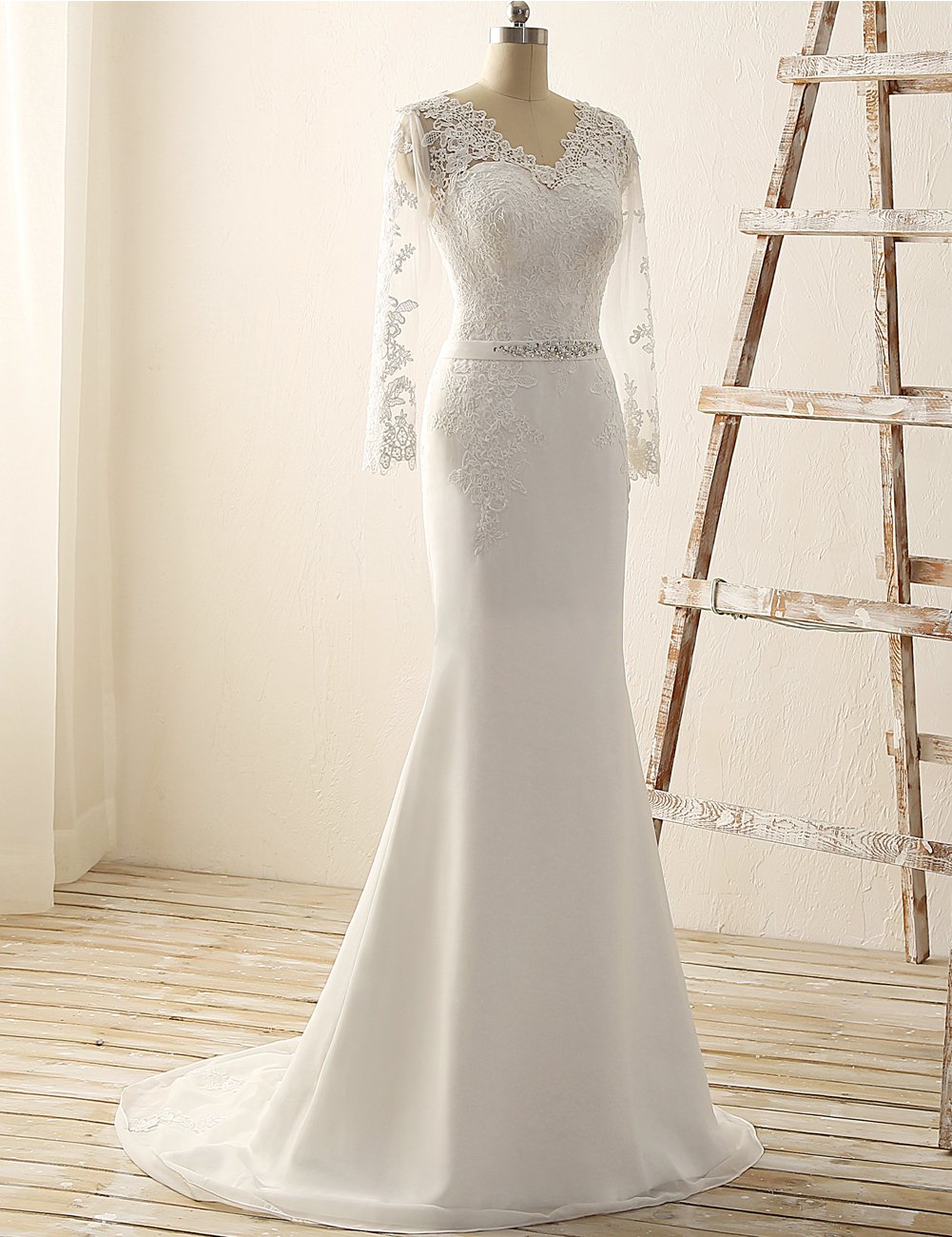 JAEDEN Elegant Long Sleeve Mermaid Wedding Dress with Lace Details and Belt - Perfect for Bridal Ceremony, Formal Events & Photoshoots