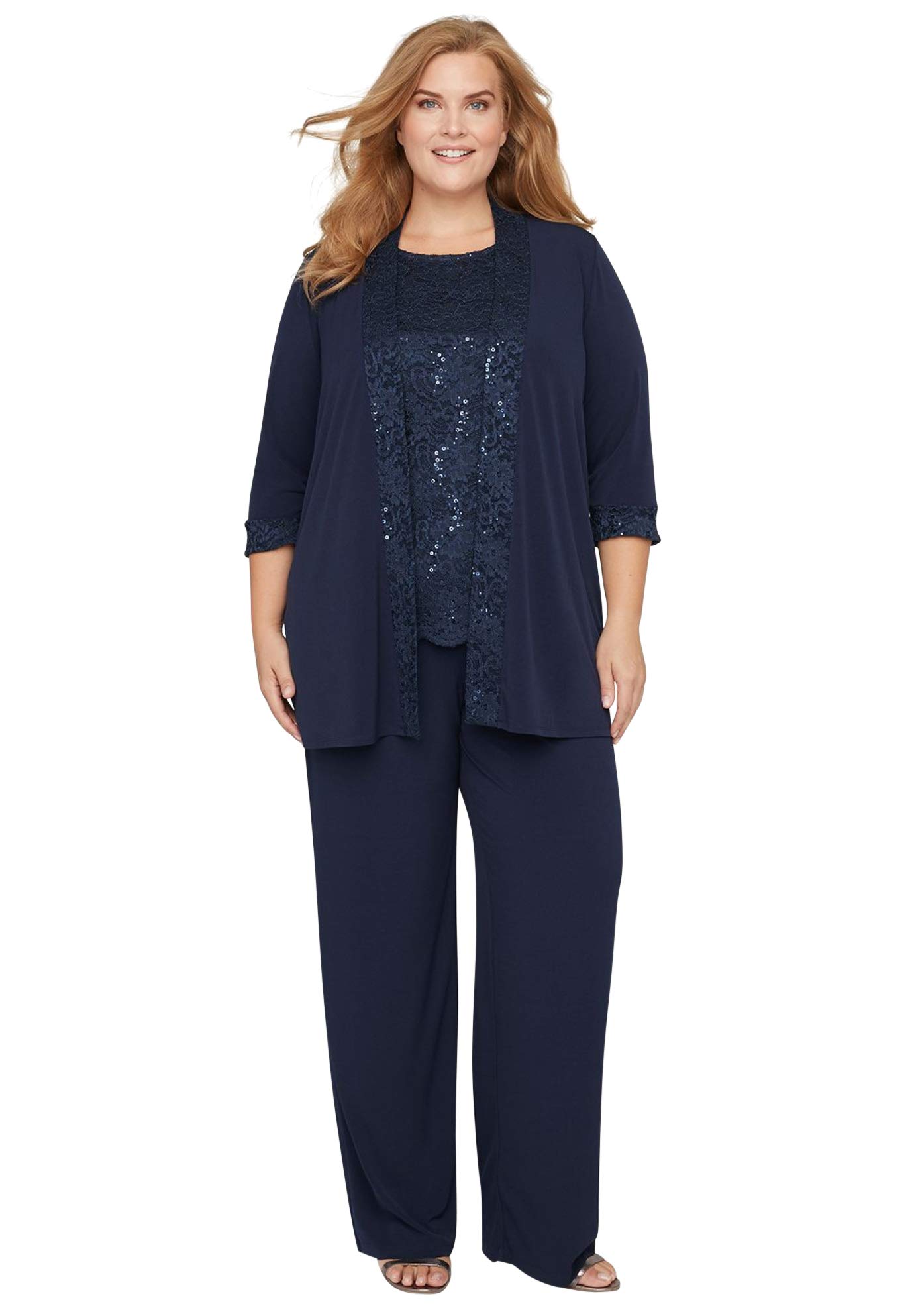 Catherines Women's Plus Size 3-Piece Lace Pant Suit Set for Formal Events, Evening Gala & Special Occasions