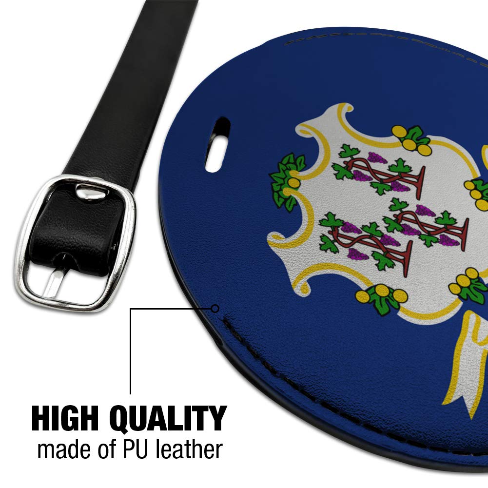 Connecticut State Flag Round Leather Luggage Tag - Personalized Suitcase ID Tag for Travel Bags, Carry-Ons & Backpacks | Perfect for Travel Identification & Gift Giving