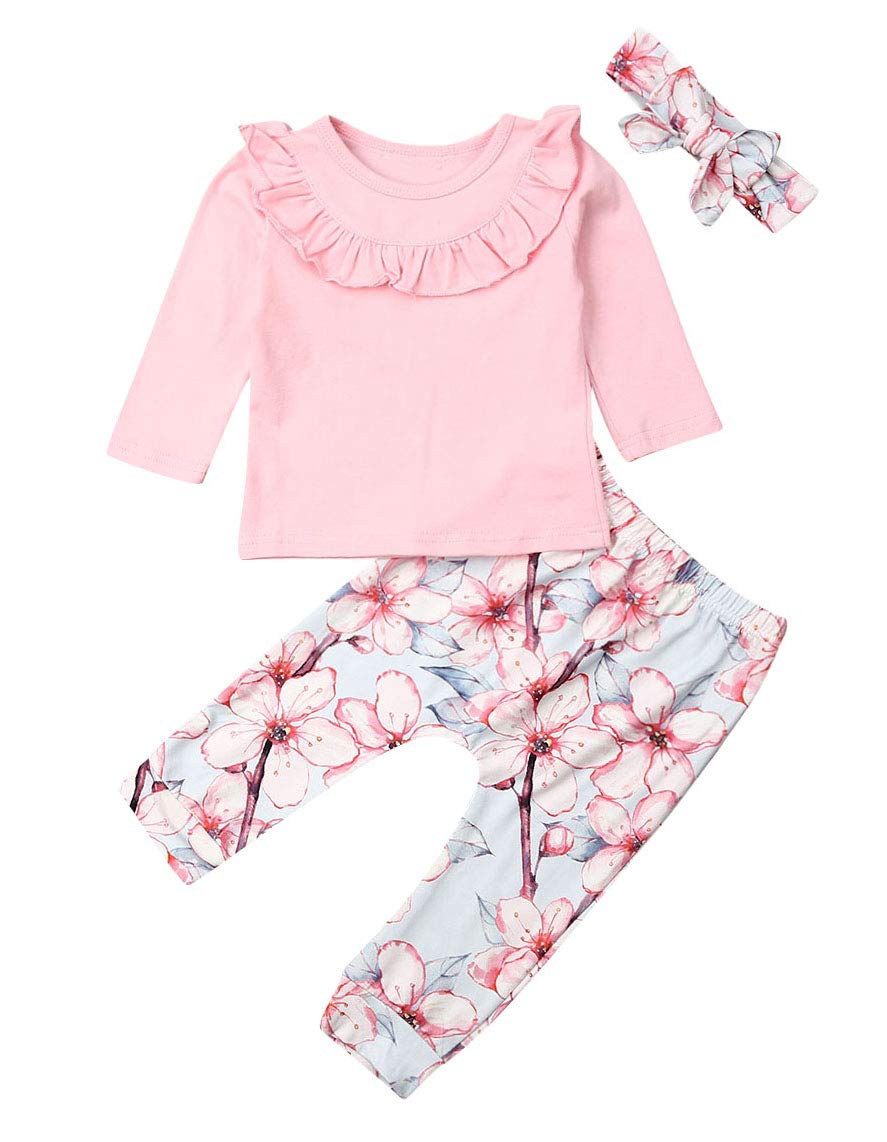 Newborn Baby Girl Outfit Set - Ruffle Top + Floral Pants + Headband | 3-Piece Cute Infant Clothes for Photo Shoots, Birthday Parties & Special Occasions