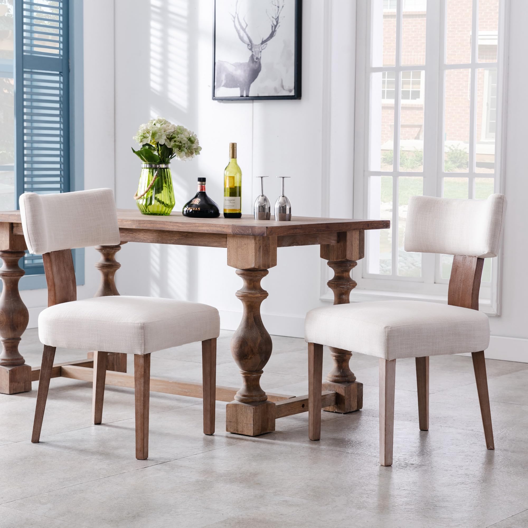 Modern Dining Chairs Set of 4 - Upholstered Side Chairs with Wood Legs & Linen Fabric - Curved Wingback Design for Living Room, Dining Room & Kitchen - Beige Home Decor - Perfect for Family Gatherings & Dinner Parties