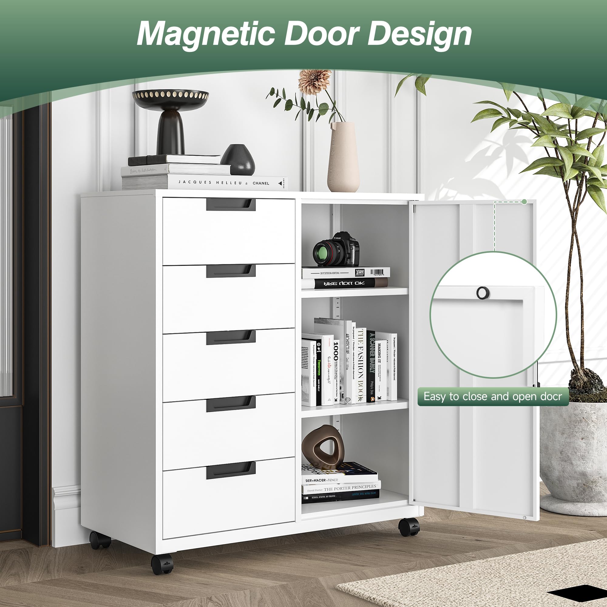 MIIIKO 5-Drawer Rolling Storage Cabinet with Door and Adjustable Shelf - White Mobile Organizer for Home Office, Bedroom, or Dorm Room Storage Solutions