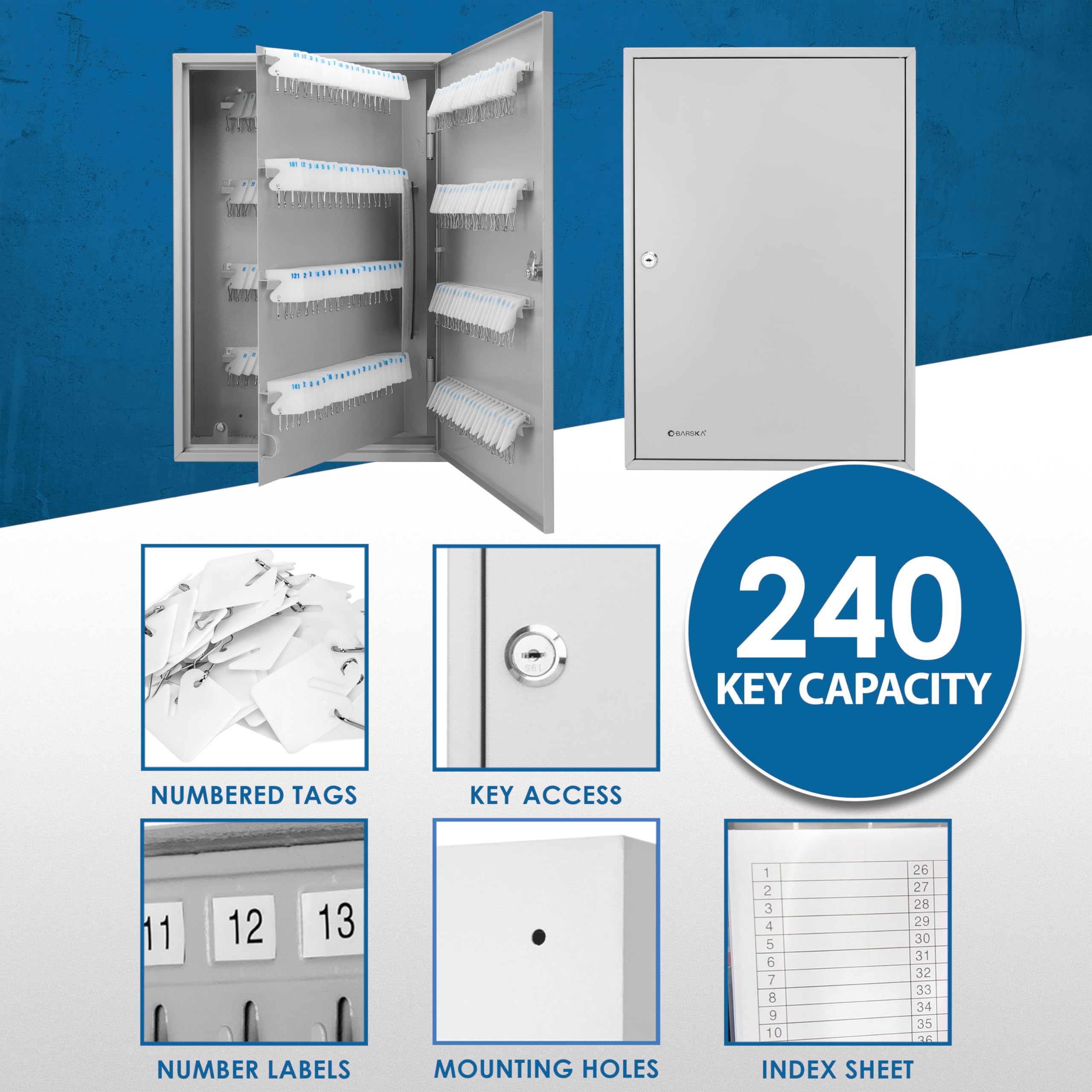 BARSKA 240-Key Large Key Storage Cabinet with Secure Key Lock - Ideal for Home, Office, and Commercial Key Organization