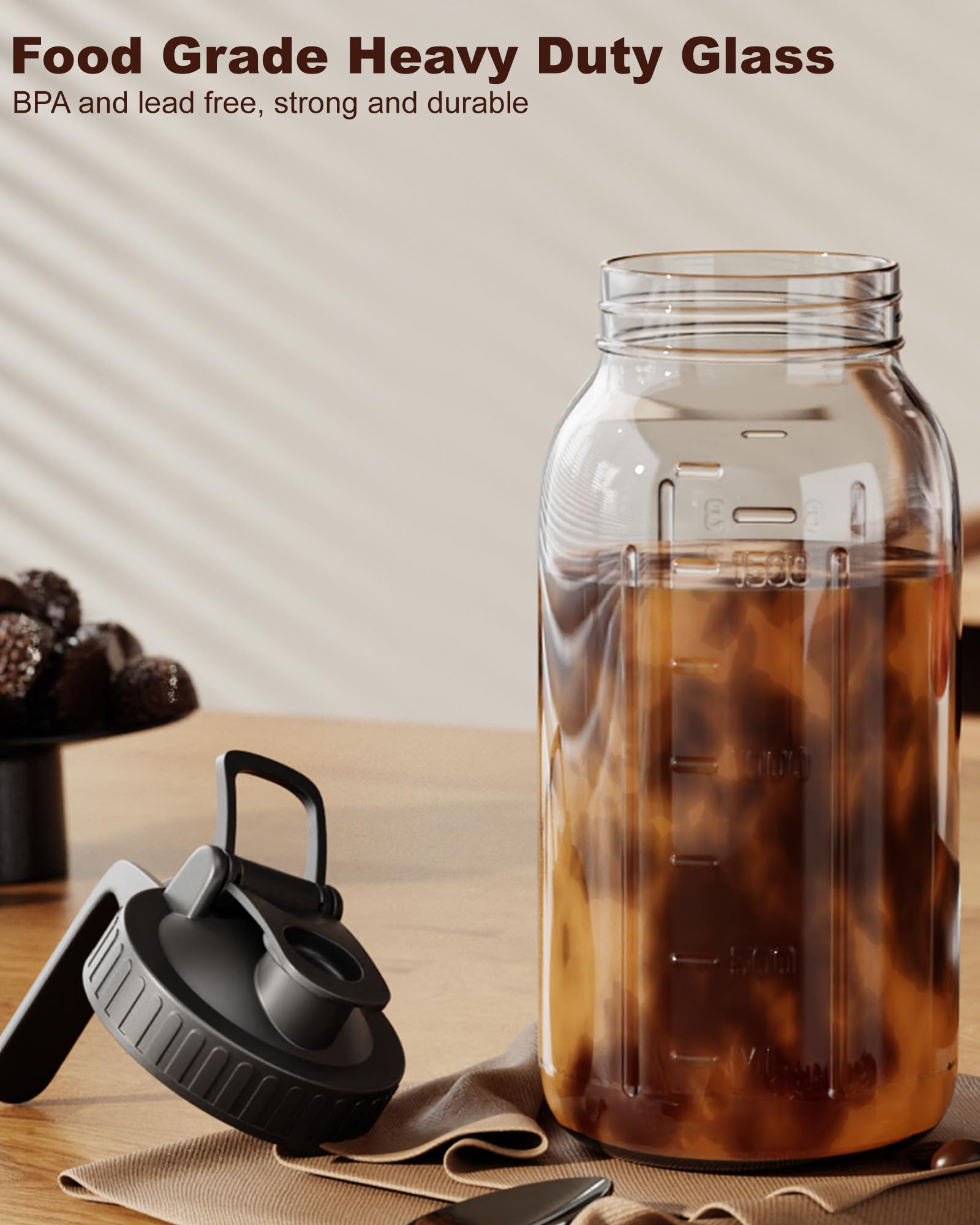 VA1KENE 64oz Cold Brew Coffee Maker with Stainless Steel Filter - Iced Coffee Pitcher with Lid & Spout, Glass Mason Jar for Home, Office & Outdoor Use (Black)