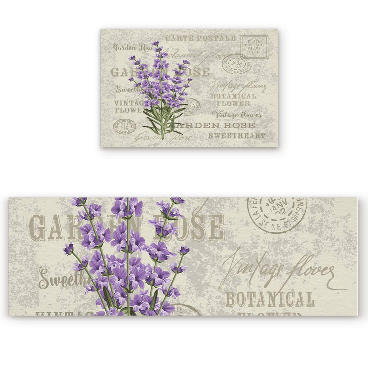 Purple Lavender Flowers Anti-Fatigue Kitchen Mats Set of 2 - Non-Slip Cushioned Floor Rugs, Washable Vintage Design for Rustic Wooden Floors | Perfect for Farmhouse Kitchens, Entryways & High-Traffic Areas