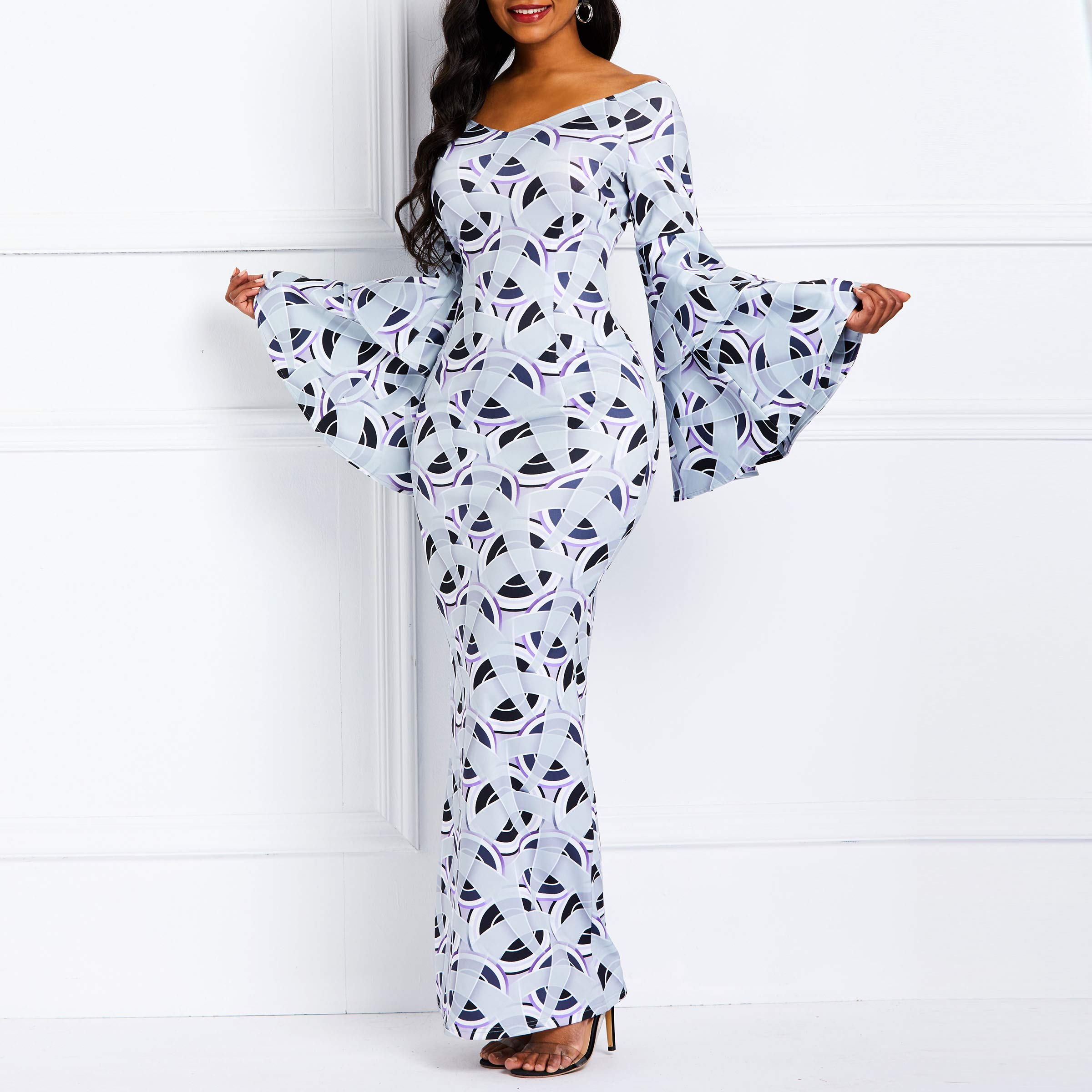 VERWIN Women's Bodycon Maxi Dress with Ruffle Long Sleeves & Floral Print - Elegant Wrap Party Dress for Evening Events, Date Nights & Special Occasions