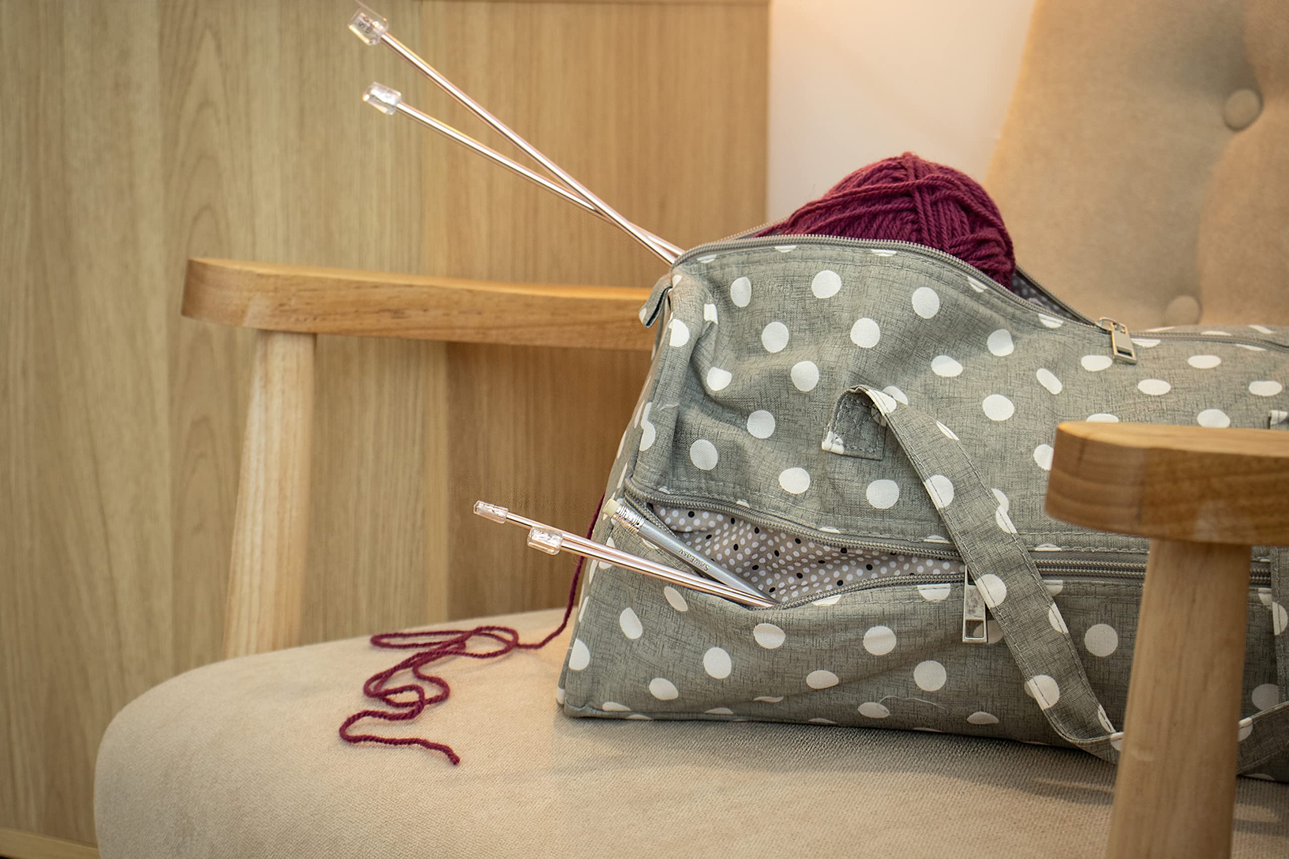 Exclusive Grey Polka Dot Knitting Bag for Women - Stylish Yarn Storage & Craft Organizer - Perfect for Crochet, Knitting Projects & Travel Accessories