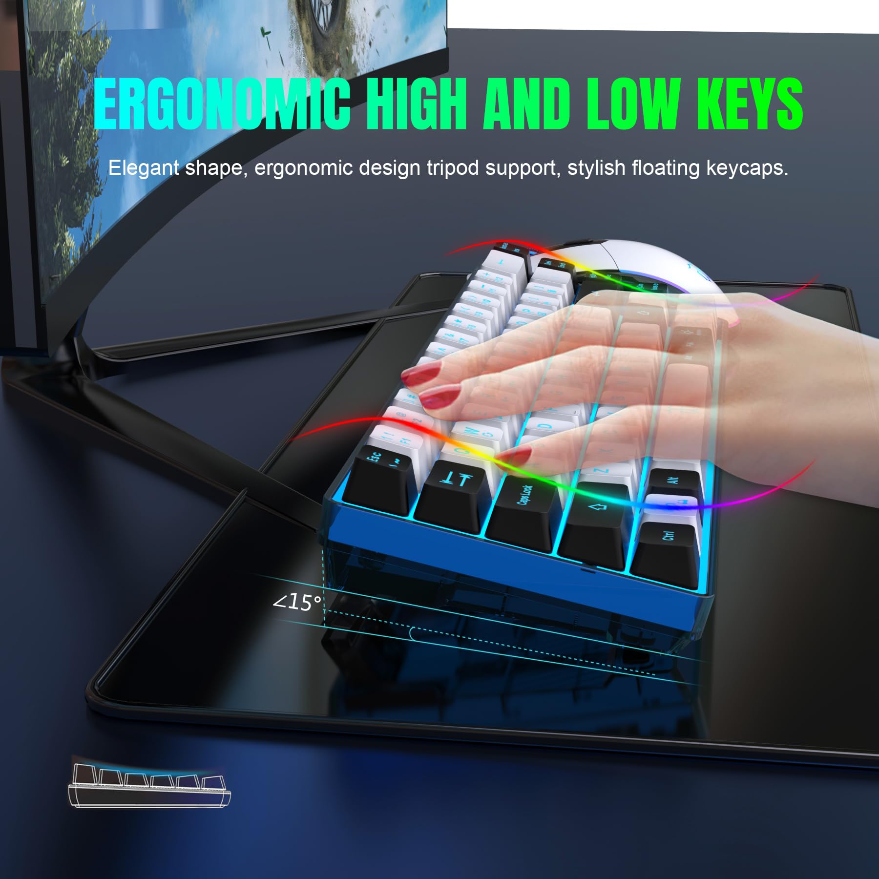SNPURDIRI 60% Wireless Gaming Keyboard and Mouse Combo - Ice Blue Backlit, Rechargeable 2000mAh Battery, Mini Mechanical Feel Anti-Ghosting Keyboard with RGB Gaming Mouse for PC, Laptop (White-Black) - Perfect for Gaming, Office Work, and Home Use