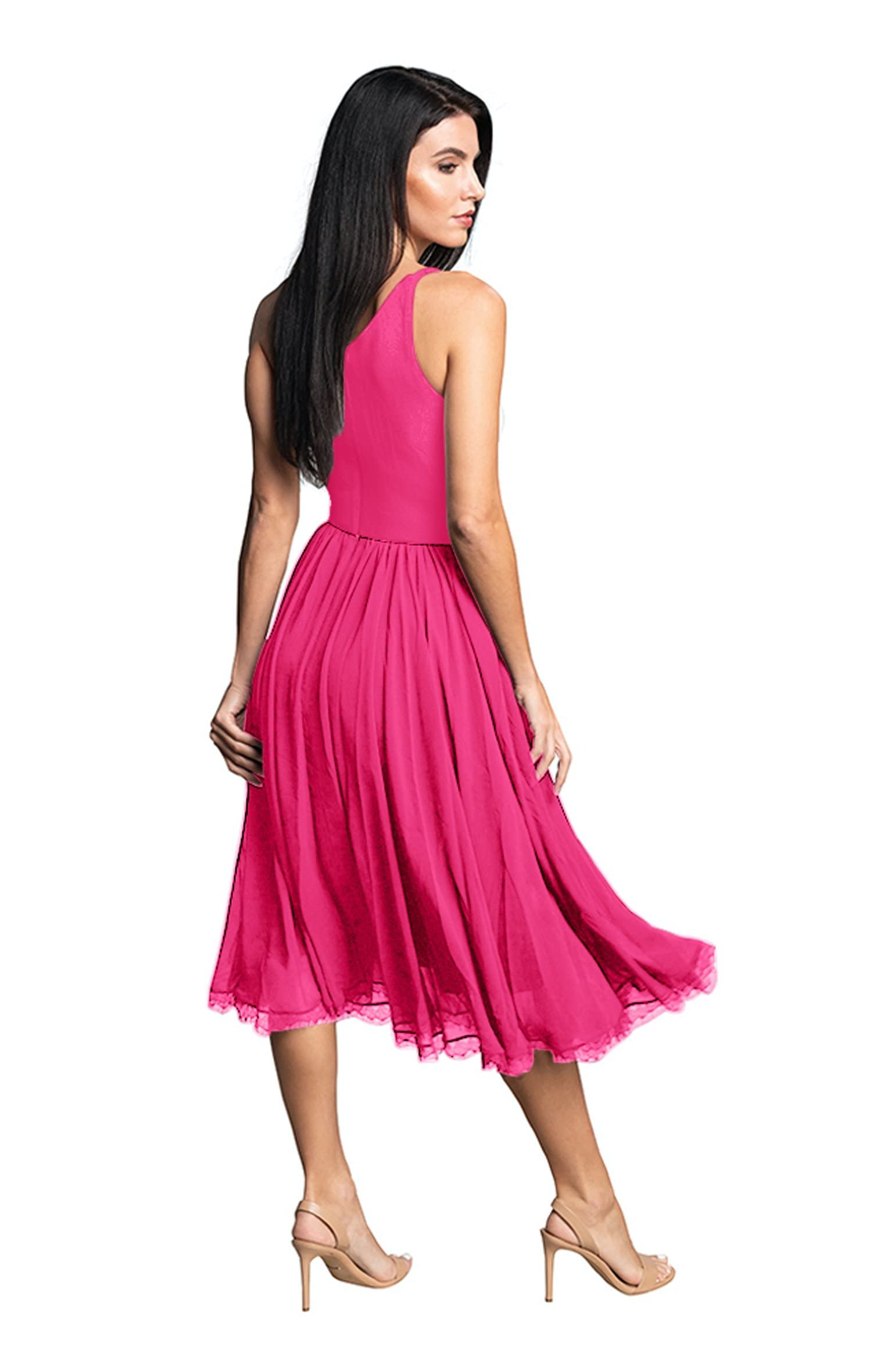 Dress the Population Women's Alicia Plunging V-Neck Sleeveless Fit & Flare Midi Dress - Perfect for Cocktail Parties, Date Nights & Special Occasions