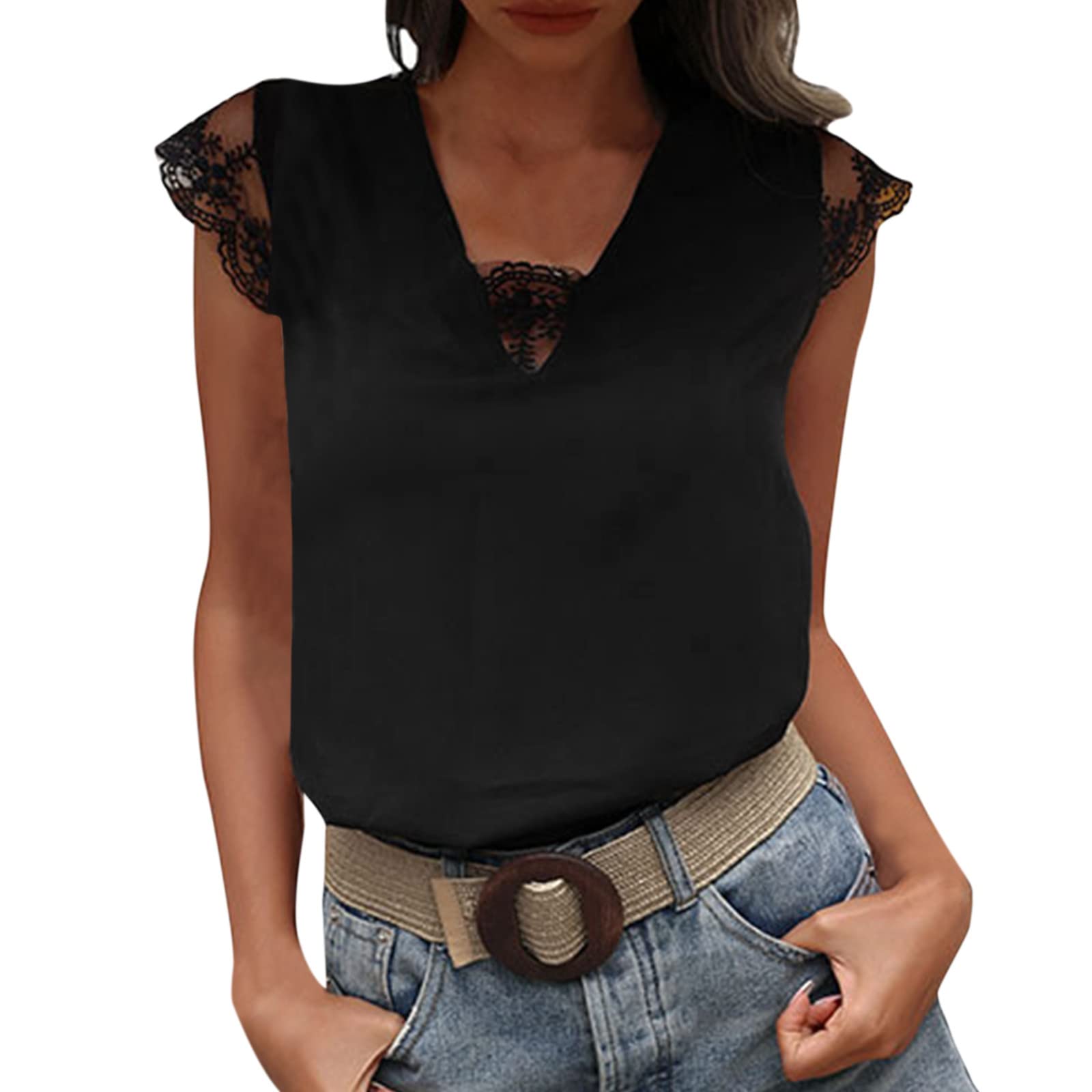 Women's Summer Casual Lace Patchwork Short Sleeve Shirt - Solid Color Blouse for Women | Perfect for Beach Outings, Date Nights & Summer Vacations