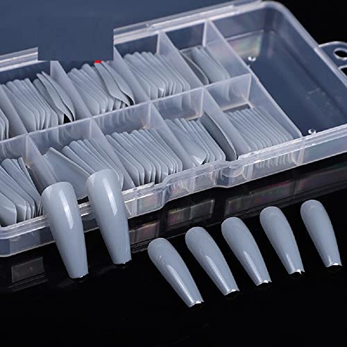 100pcs Ballerina Long False Nails - Clear Natural White Full Cover Manicure Tips, Flat Shape Coffin Nails for Women (Grey 3402) | Perfect for Parties, Weddings, and Special Occasions