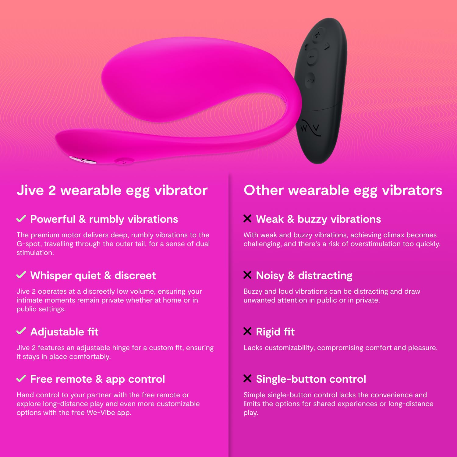 We-Vibe Jive 2 Wearable Panty Vibrator for Women - Remote & App Controlled Egg Vibrator | 10 Intensity Levels G-Spot Massager | Waterproof Discreet Adult Sex Toy for Couples Long Distance Play | Perfect for Travel, Date Nights & Surprise Intimacy | Pink