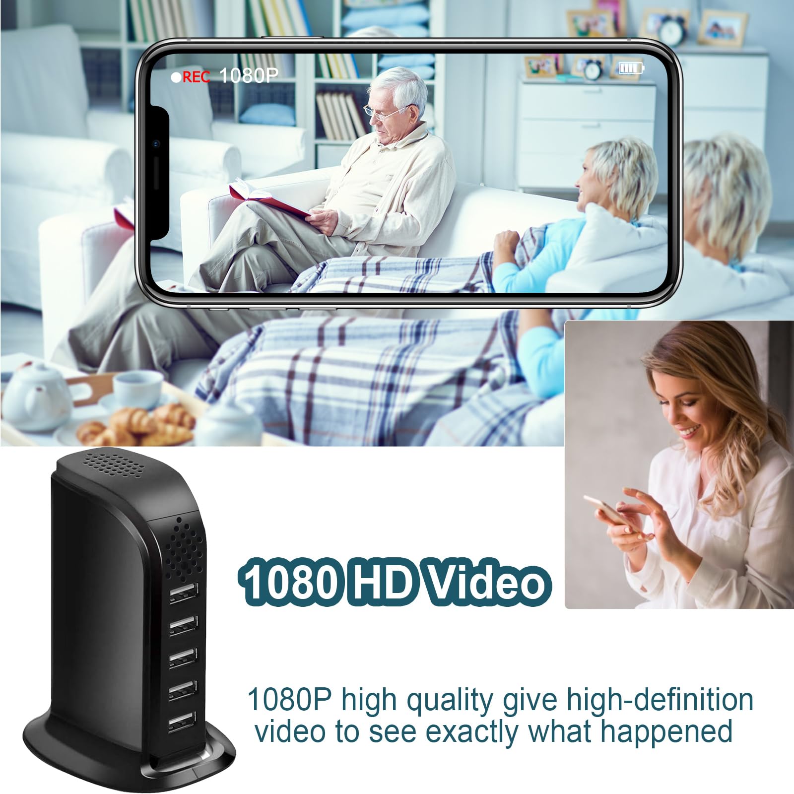 HD 1080P WiFi Hidden Spy Camera with Wireless USB Charger & 5-Port Hub | Nanny Cam with Motion Detection & APP Remote Control for Home & Office Security | Perfect for Baby Monitoring, Pet Watching & Property Surveillance
