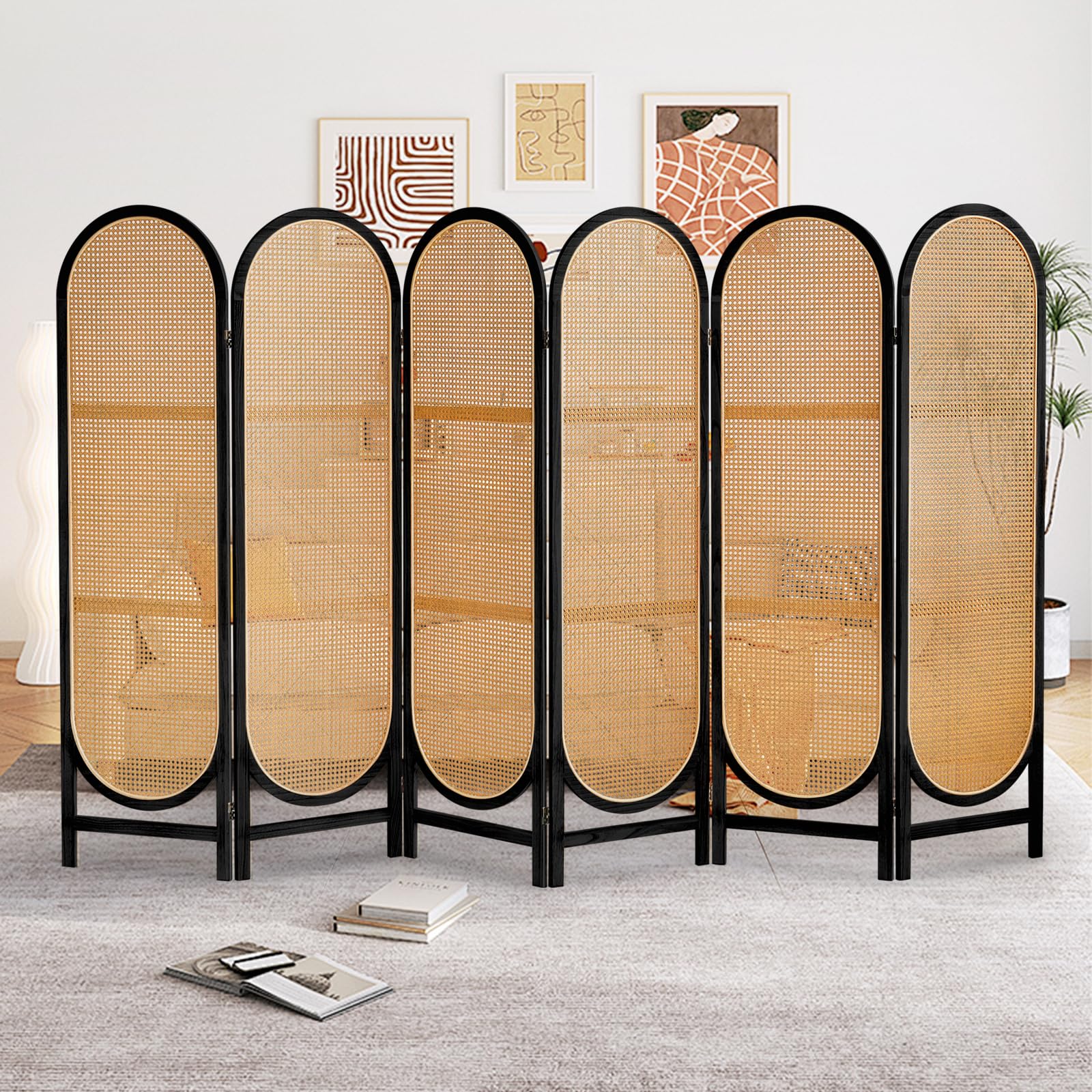 6 Panels Hand-Woven Rattan Room Divider - Freestanding Folding Privacy Screen for Home Office & Bedroom - Wooden Partition Wall for Indoor Space Separation - Black