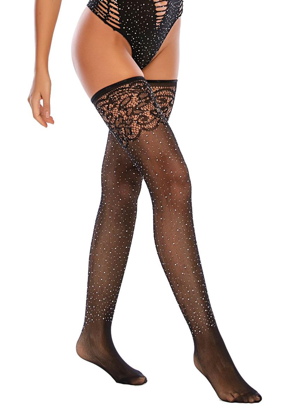 Sparkle Rhinestone Thigh High Stockings for Women - Sexy Glitter Crystal Fishnet Stockings in Black | Perfect for Parties, Cosplay & Night Out