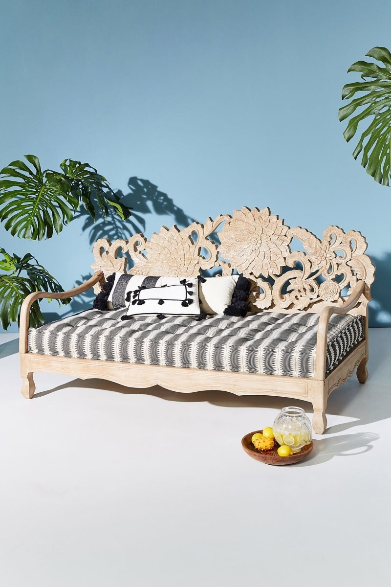 Hand Carved Wooden Lotus Daybed - Antique Design Sofa for Living Room, Bedroom & Outdoor Relaxation
