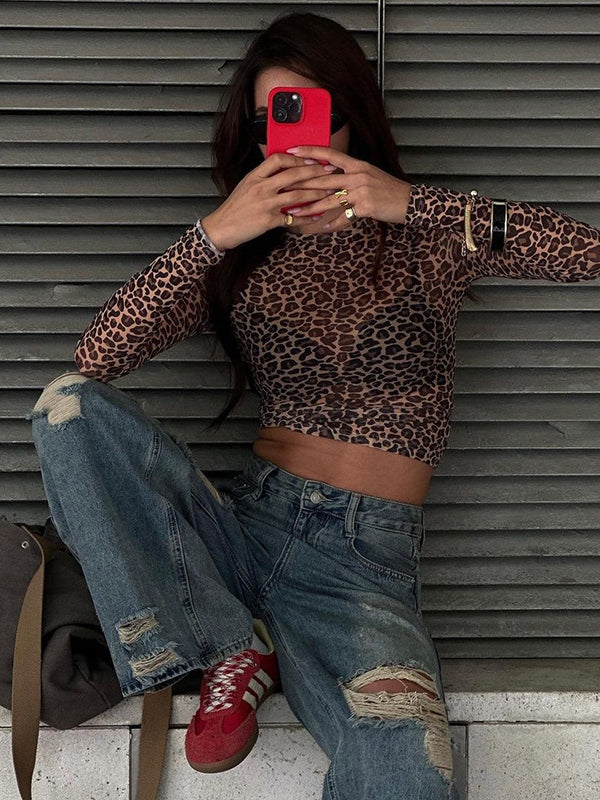 ZASUWA Women's Sheer Mesh Leopard Print Long Sleeve Top - Sexy Animal Print Blouse for Party, Night Out & Date Night