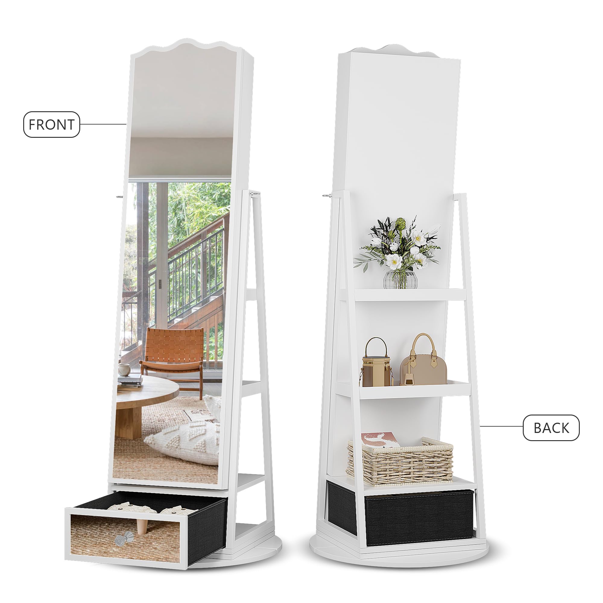 360° Rotating Jewelry Armoire with Full Length Mirror - Large Capacity Jewelry Organizer with LED Lights & Lock - Floor Standing Mirror with Storage Shelves for Necklaces, Rings & Accessories - Perfect for Bedroom, Closet & Dressing Room (White)