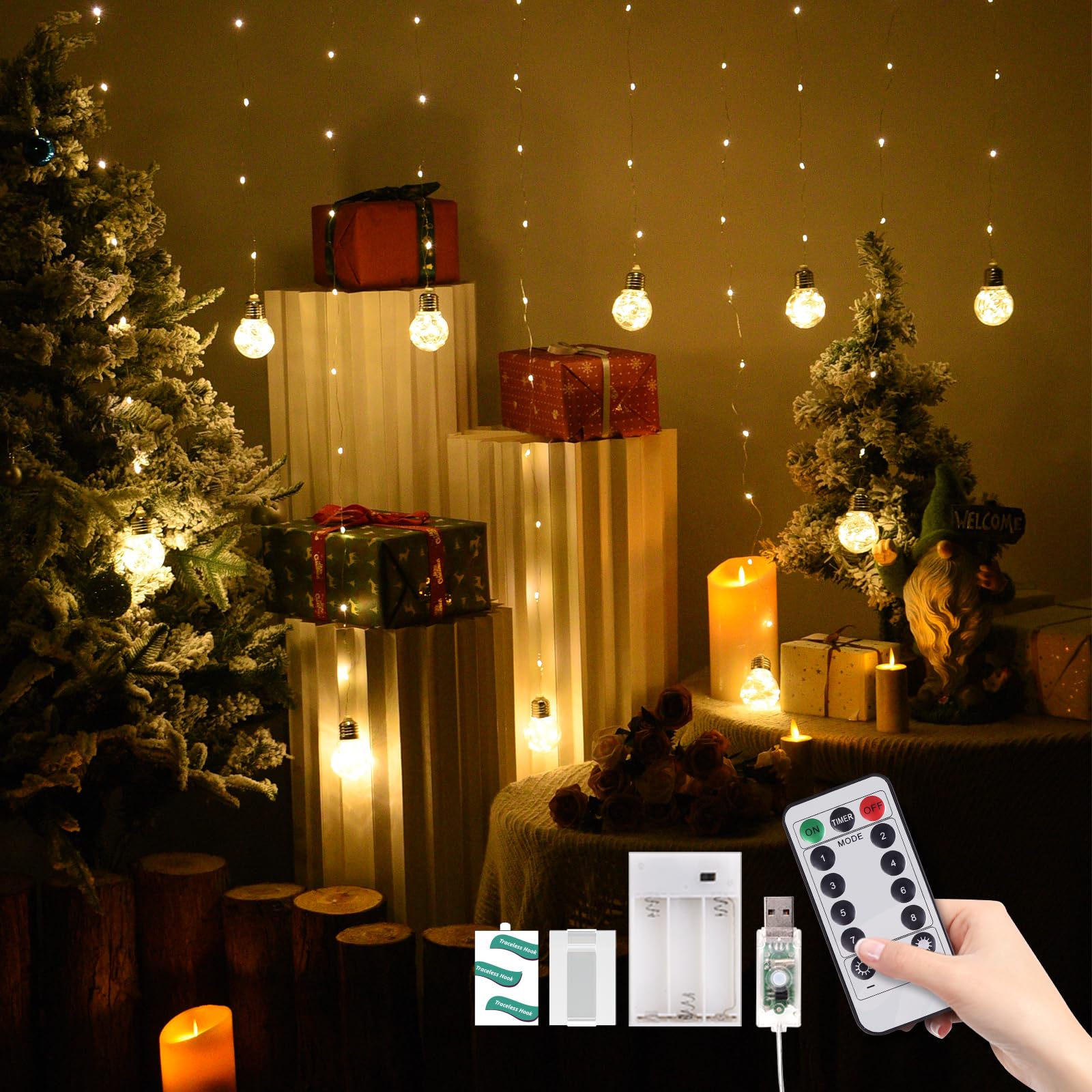 300 LED Fairy Lights for Bedroom Decor - USB/Battery Operated Wishing Ball Curtain Lights with Remote, 8 Lighting Modes - Perfect for Wall, Window, Christmas, Party & Holiday Decoration (Warm White) - Create Cozy Ambiance for Relaxation & Romantic Nights