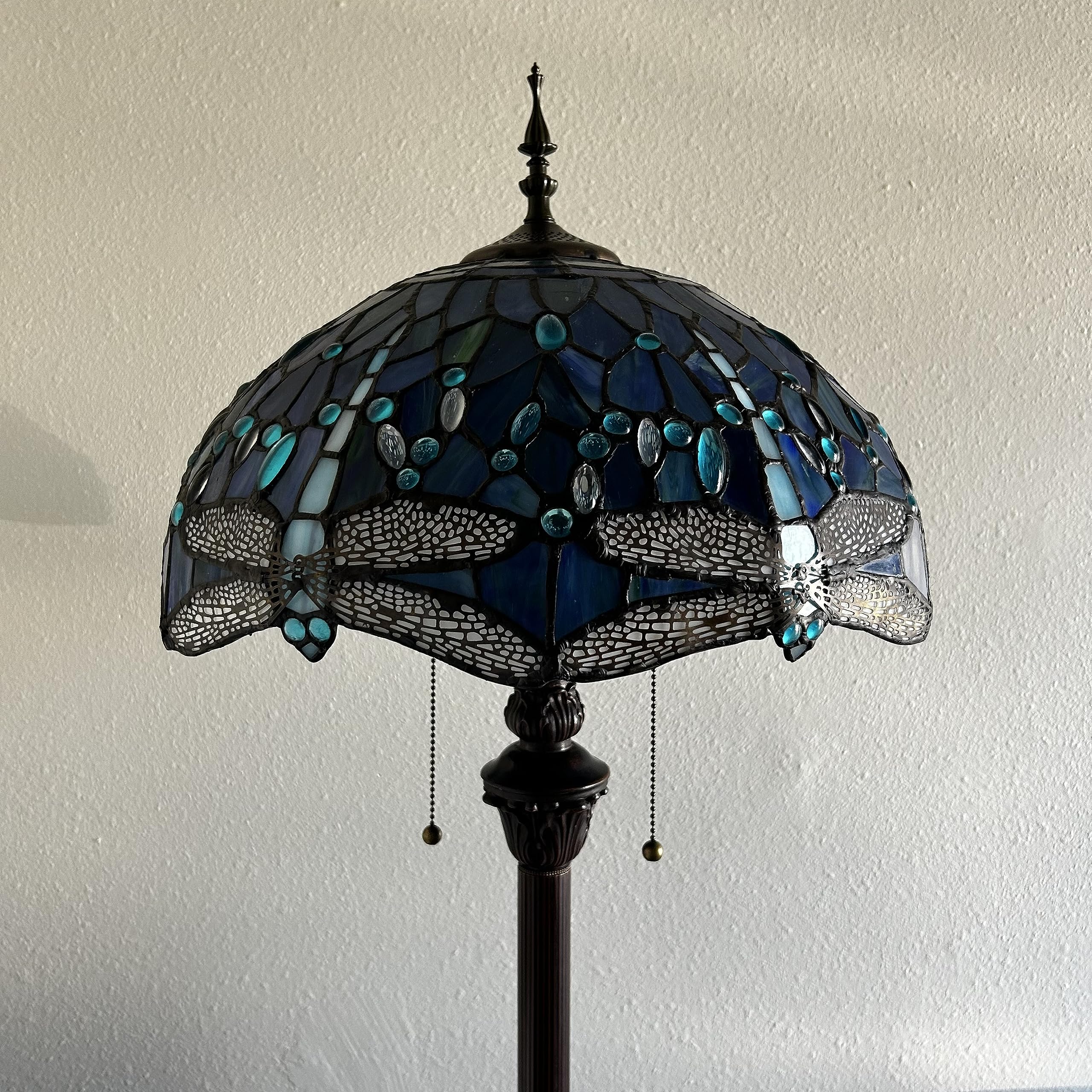 Tiffany Blue Stained Glass Dragonfly Floor Lamp with Metal Base & LED Bulbs - 16