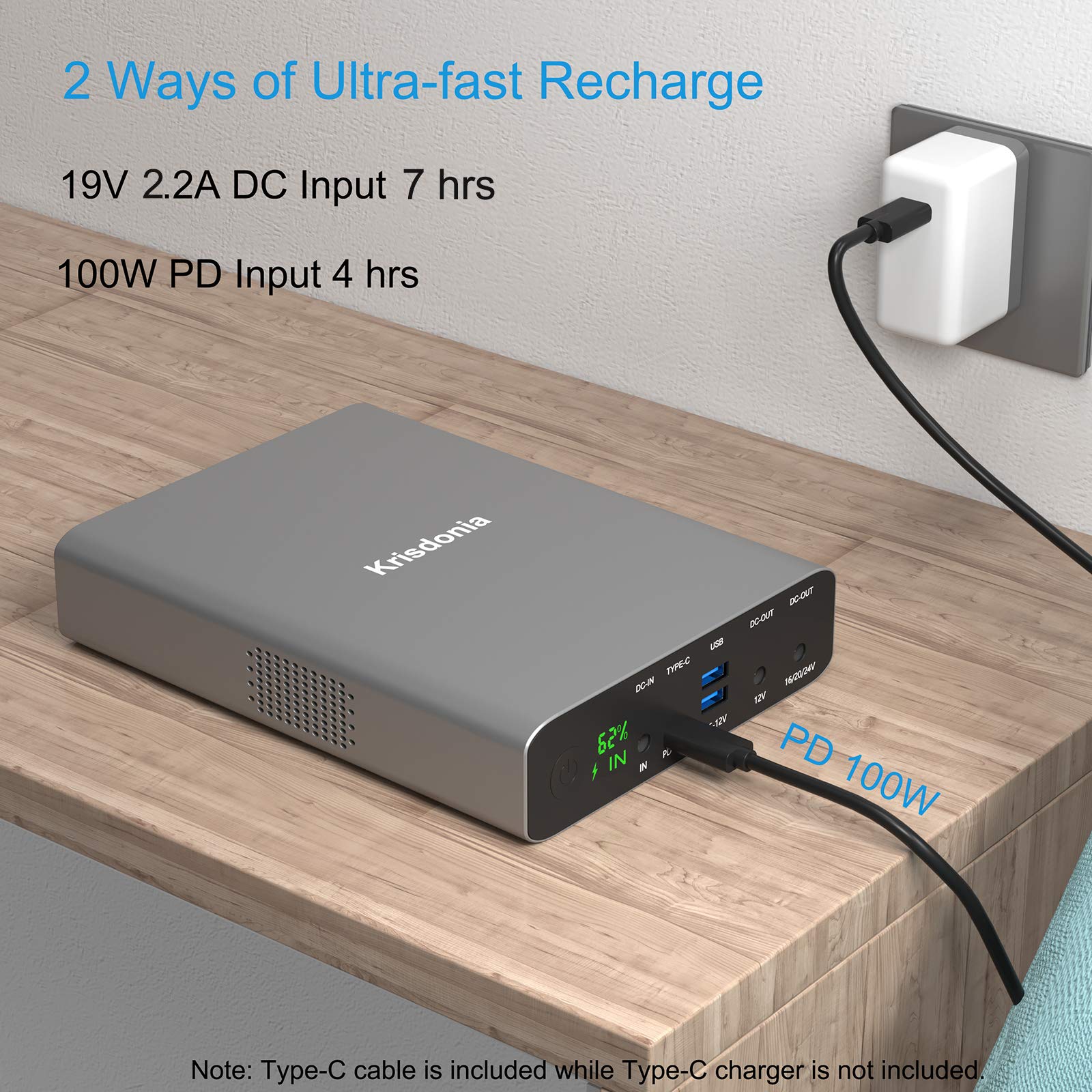 Krisdonia 64000mAh 100W PD Portable Laptop Charger Power Bank - Fast Charging for MacBook Pro, Dell XPS, USB-C Laptops - Perfect for Travel, Camping & Emergency Power Backup