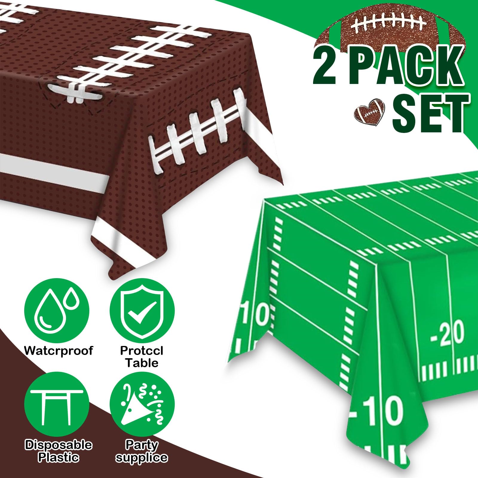 Super Bowl Party Decorations - 2 Pack Disposable Football Tablecloths 54x108 Inch, Touchdown Themed Plastic Table Covers for Football Birthday Parties, Tailgate Decorations & Game Day Celebrations - Perfect for Super Bowl, NFL Watch Parties & Sports Themed Events