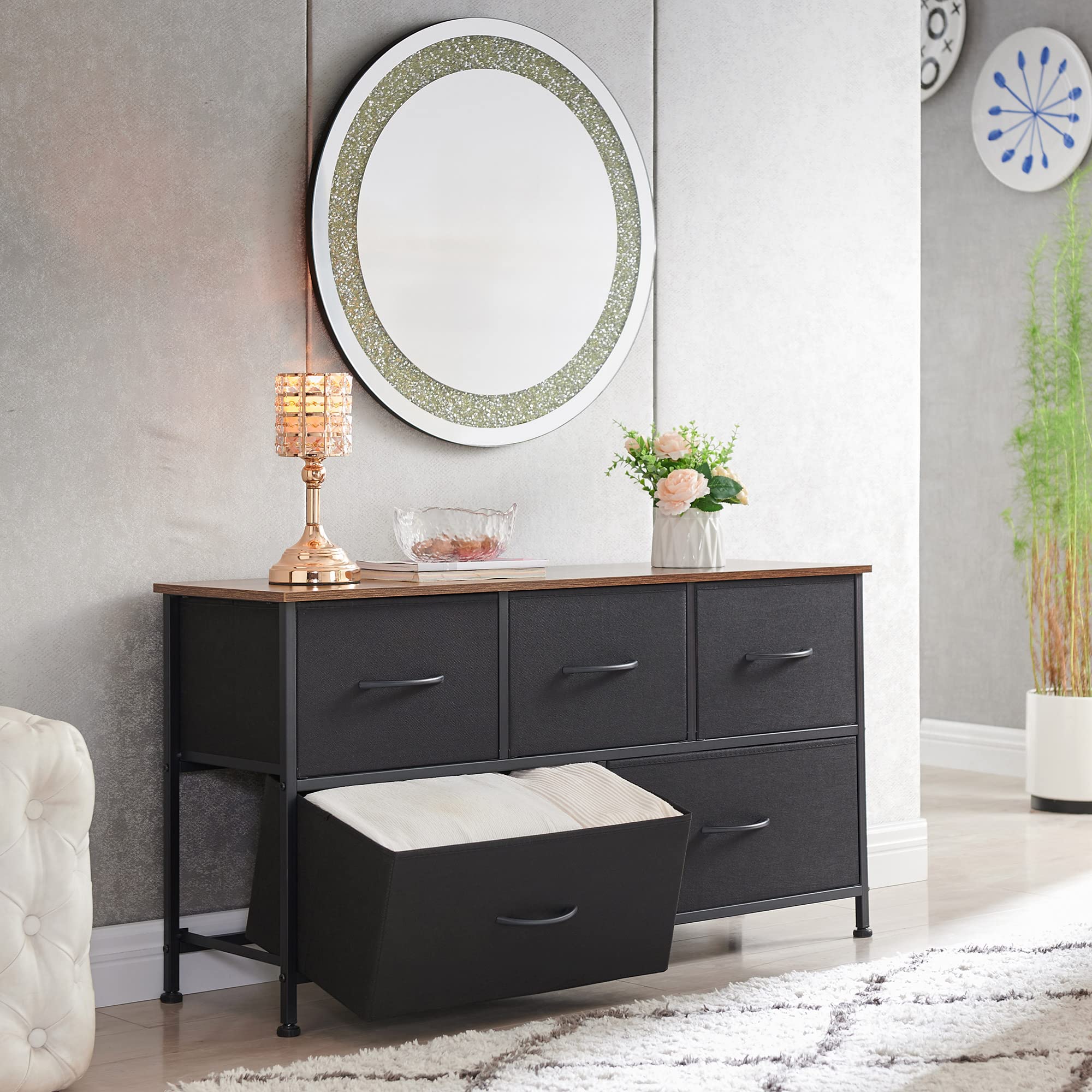 5-Drawer Dresser for Bedroom - Wide Storage Chest with Removable Fabric Bins - Black Dresser Organizer for Closet, Nursery, Living Room, Laundry & Entryway - Perfect for Small Space Organization & Home Decor