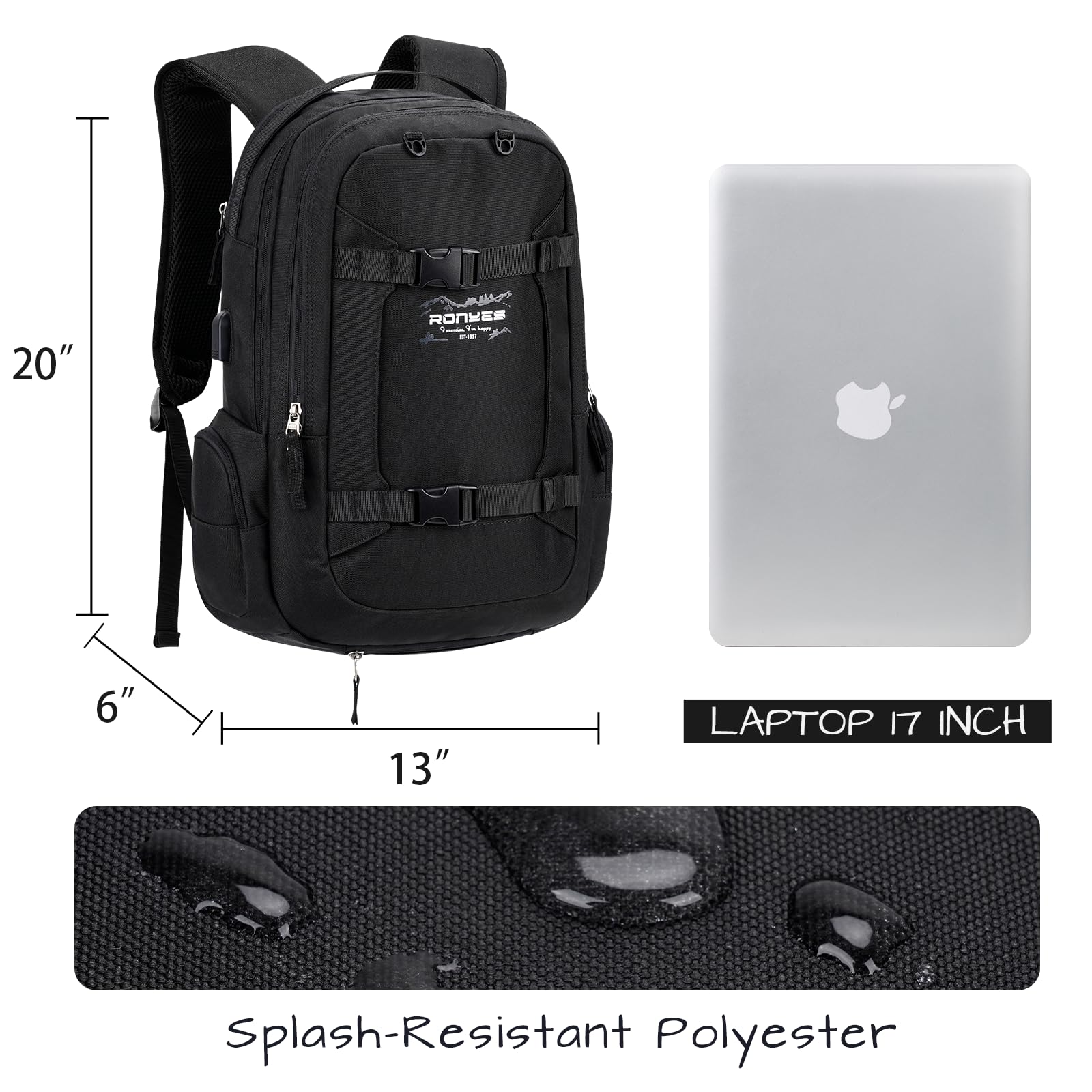 Ronyes Skateboard Backpack with USB Charging Port - 17.3 Inch Laptop Backpack for Skateboarding, Basketball & Travel | Durable Sports Bag for Longboards & Daily Commute | Perfect for School, Gym & Outdoor Adventures (Black)