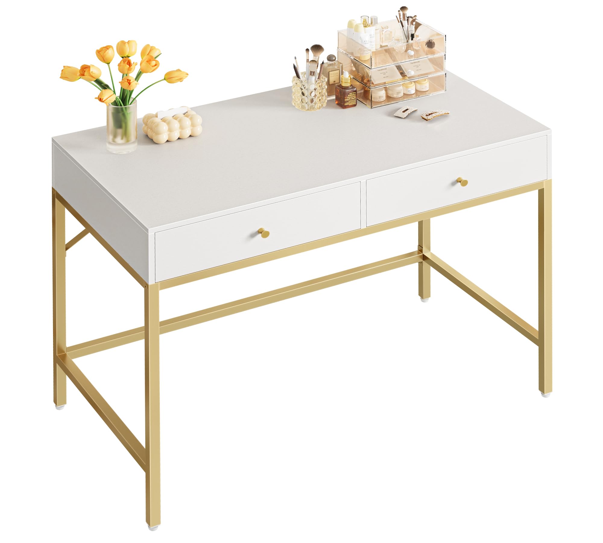 SUPERJARE 39.4 Inch White and Gold Modern Vanity Desk with 2 Drawers - Small Computer Desk for Home Office, Writing, Study | Perfect for Bedroom, Makeup Station & Workspace