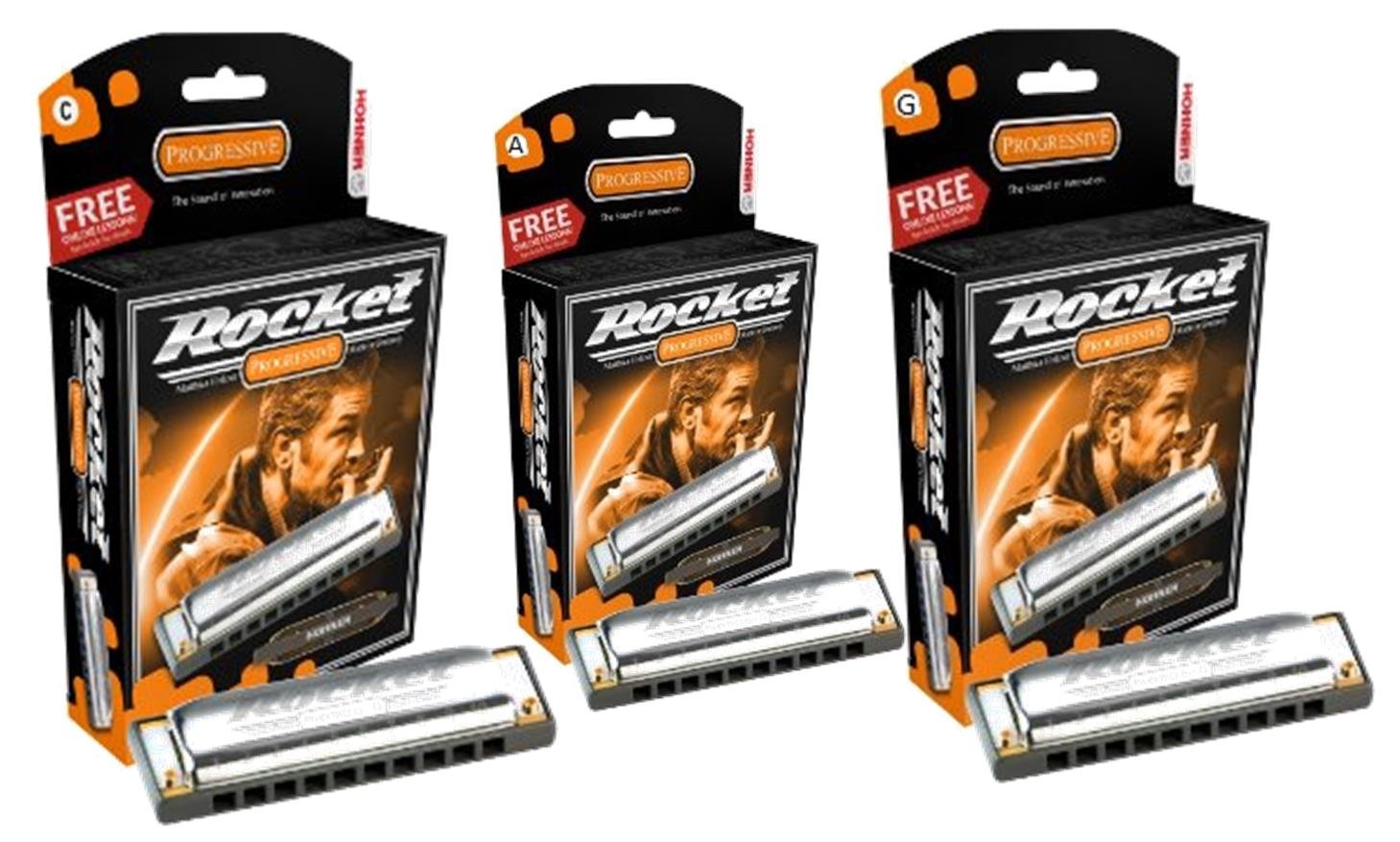 OHNER Progressive Diatonic ROCKET 3 Pack - C, G, A Harmonicas (M2013 3PACK) | Professional Blues & Rock Harmonica Set for Musicians & Beginners | Perfect for Live Performances, Studio Recording & Practice Sessions