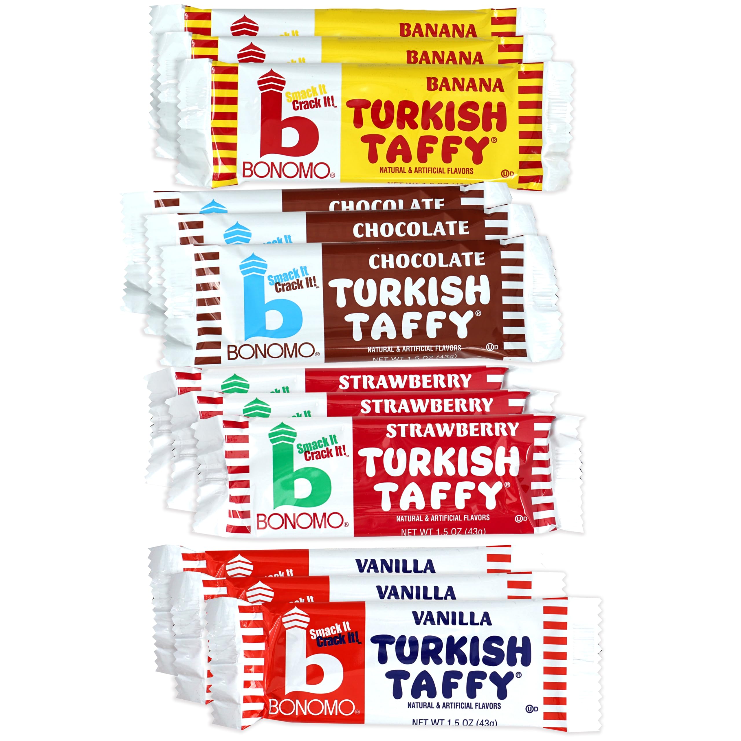 Bonomo Turkish Taffy Variety Pack - 12 Individually Wrapped Chewy Candies (Strawberry, Vanilla, Chocolate, Banana) by The Hampton Candy Company | Perfect for Parties, Halloween Treats & Office Snacks