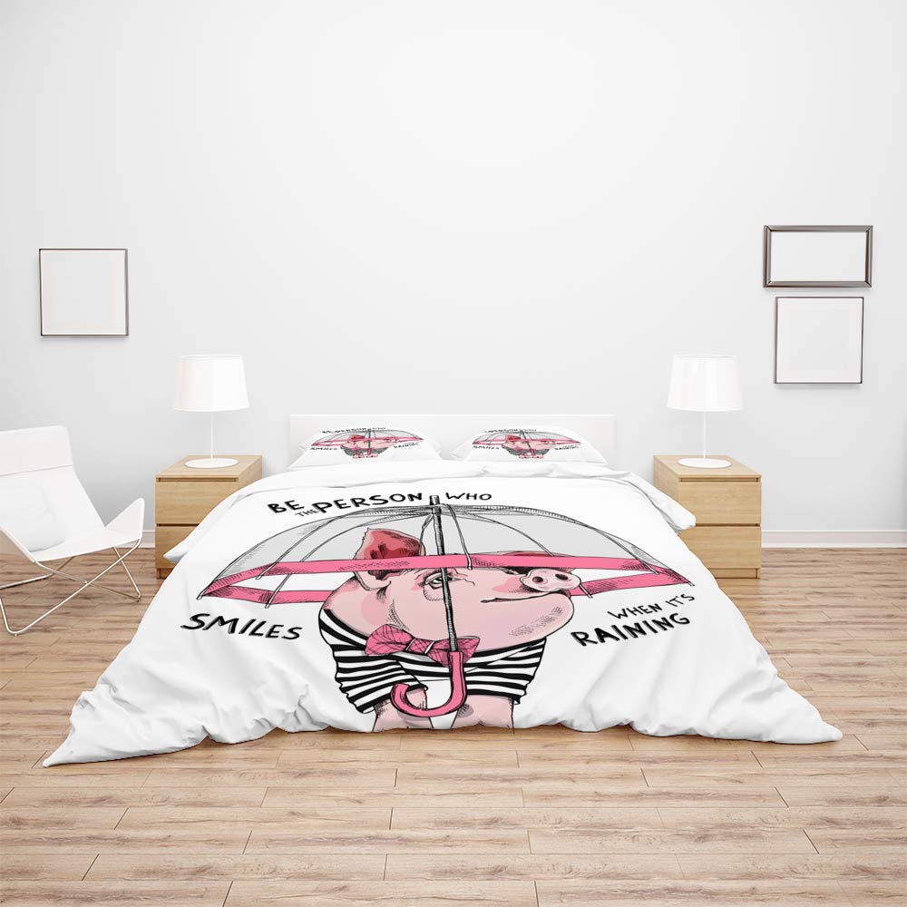 3-Piece Pig Striped Bow Tie Duvet Cover Set with Pillow Shams - Breathable Farmhouse Bedding for All Seasons | Hotel & Resort Quality Soft Comforter Cover