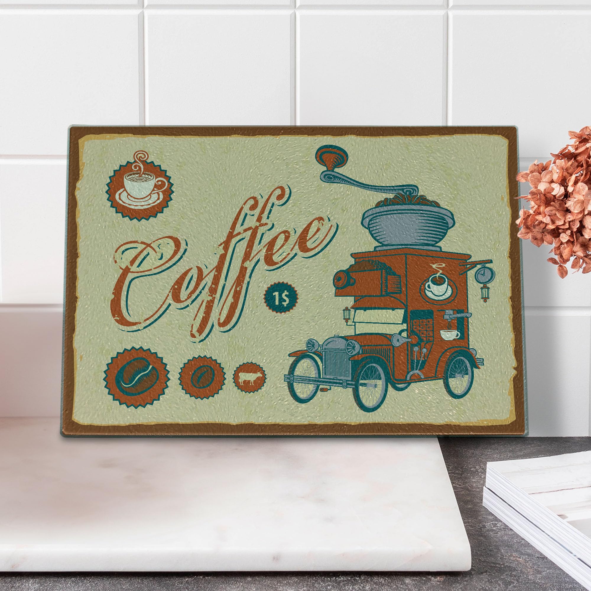 Vintage Truck & Coffee Grinder Tempered Glass Cutting Board - Retro Commercial Design Decorative Serving Board, Small Size (Cream Orange Grey) - Perfect for Kitchens, Restaurants & Gift Giving