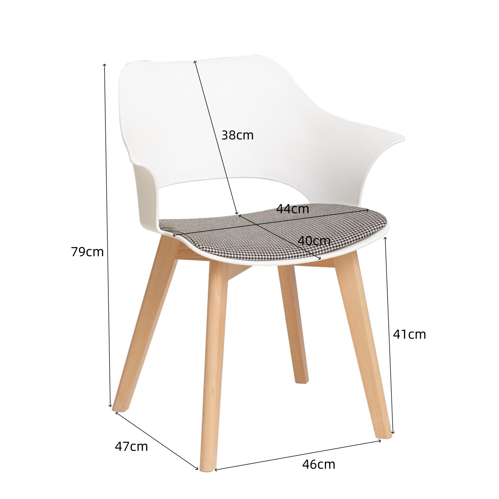Modern Nordic Style Dining Chairs Set of 4 - White Linen Plaid Upholstered Kitchen Chairs with Armrests & Beech Wood Legs for Home, Restaurant, and Cafe Decor