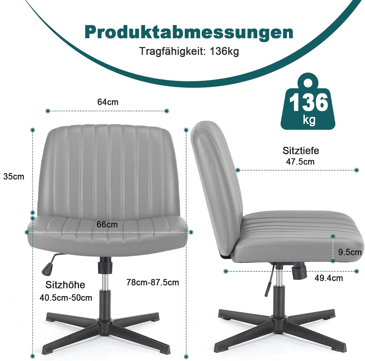 DUMOS Criss Cross Chair - Armless Office Chair with Adjustable Height, No Wheels, Wide Seat for Home & Office - Perfect for Computer Work, Vanity Desk, and Task Seating